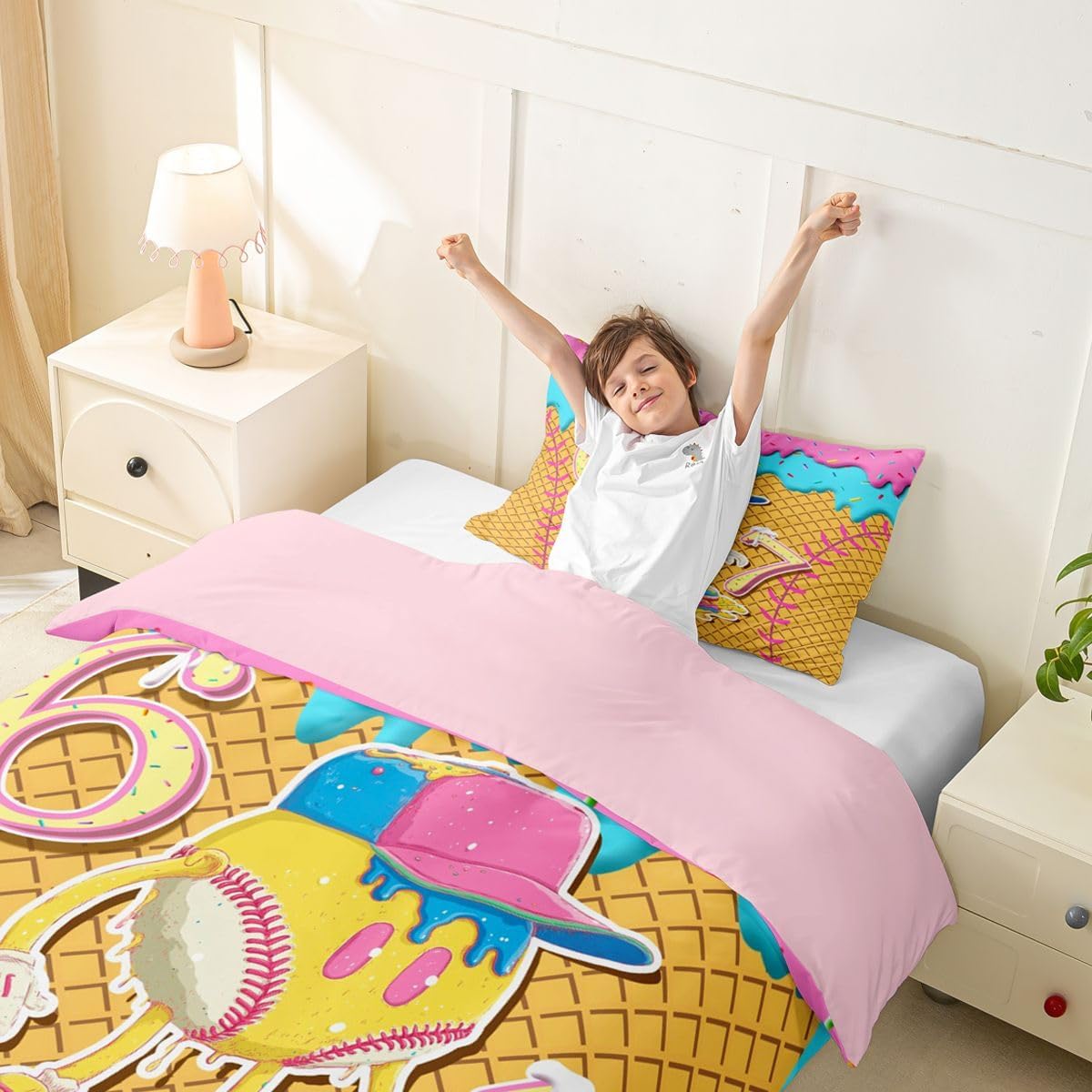 jejeloiu Ice Cream Baseball Duvet Cover Toddler Size Six Seven 6 7 Bedding Set Breathable Soft Pink Teal Yellow Comforter Cover 2Pcs Dessert Bedroom Decor