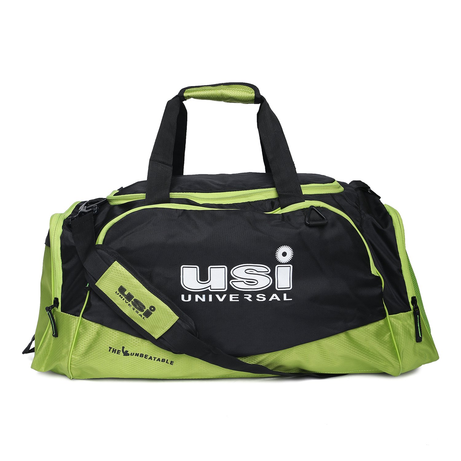 USI UNIVERSAL Travel Duffel Bag For Men Large Foldable Waterproof Travel Bag For Beach Swim Bags Pool Sports Gym |PU & Nylon Construction | 2 End Pockets, 3 Side Pockets (1 Big, 2 Small) (Black/Green)-image-40