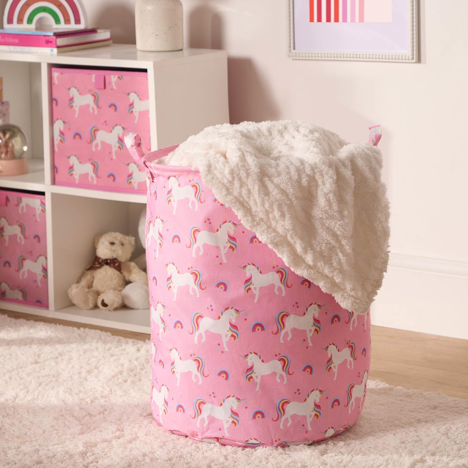 OHS Kids Storage Basket Unicorn Print, Freestanding Laundry Basket with Handles Foldable Lightweight Collapsible Kids Washing Baskets For Clothes & Toys, Pink