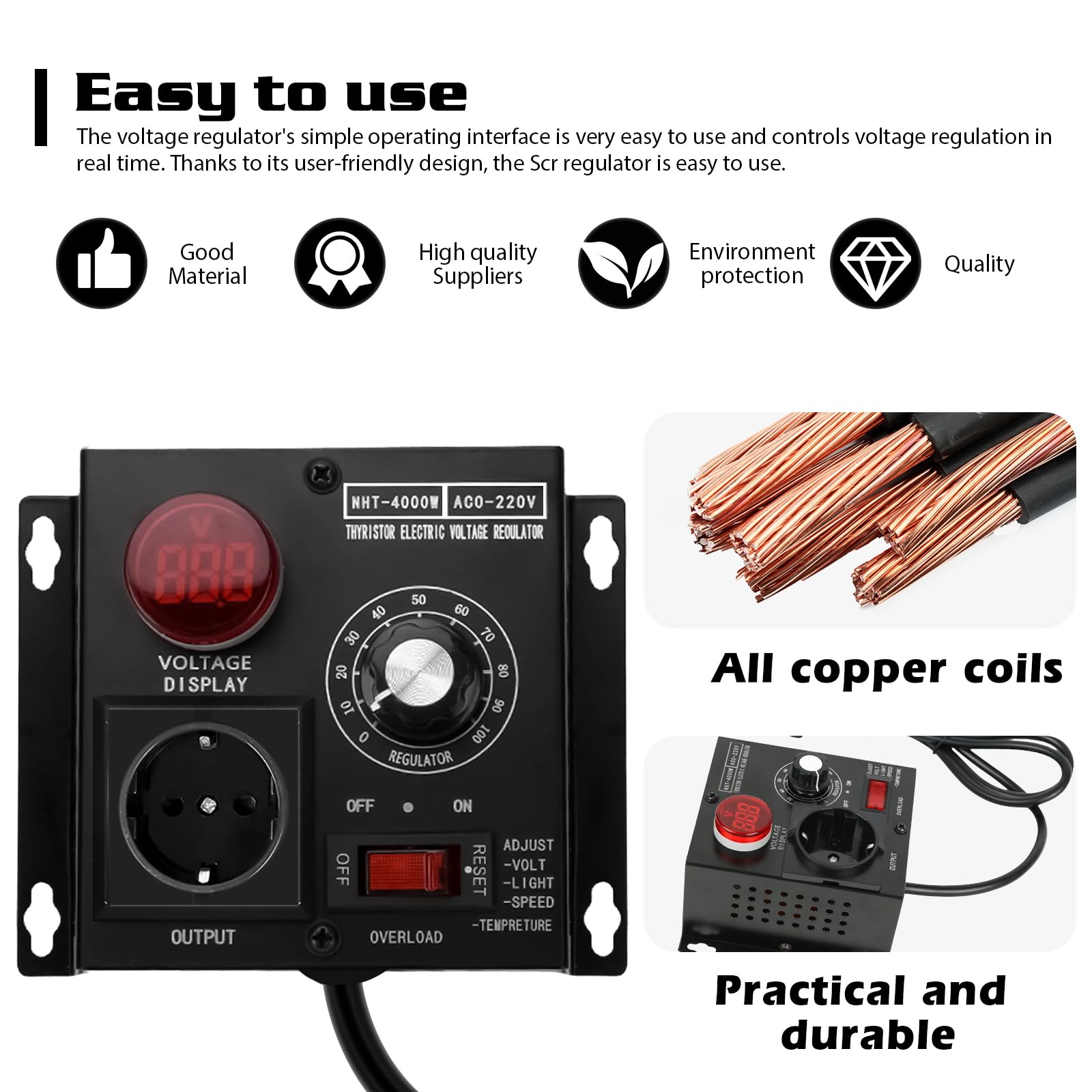 Drehzahlregler 230V Motor Spannungsregler: Frequenzumrichter 230V, Drehzahlregler AC 9A 4000W, Voltage Regulator für Temperatursteuerung, EU-Stecker