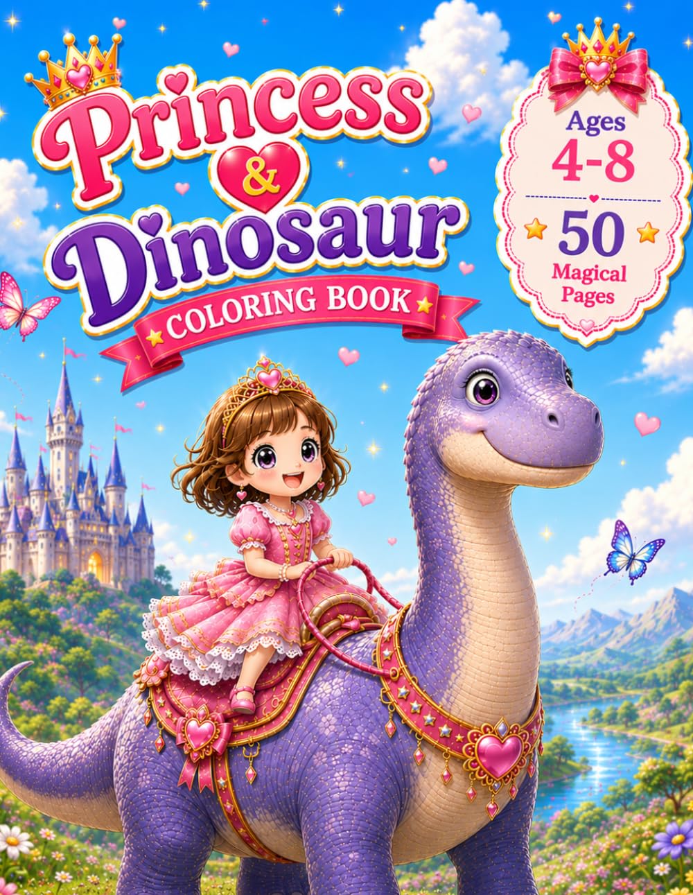 Princess and Dinosaur Coloring Book: 50 Easy and Fun Coloring Pages Featuring Cute Dinosaurs, Princess Adventures, and Friendship