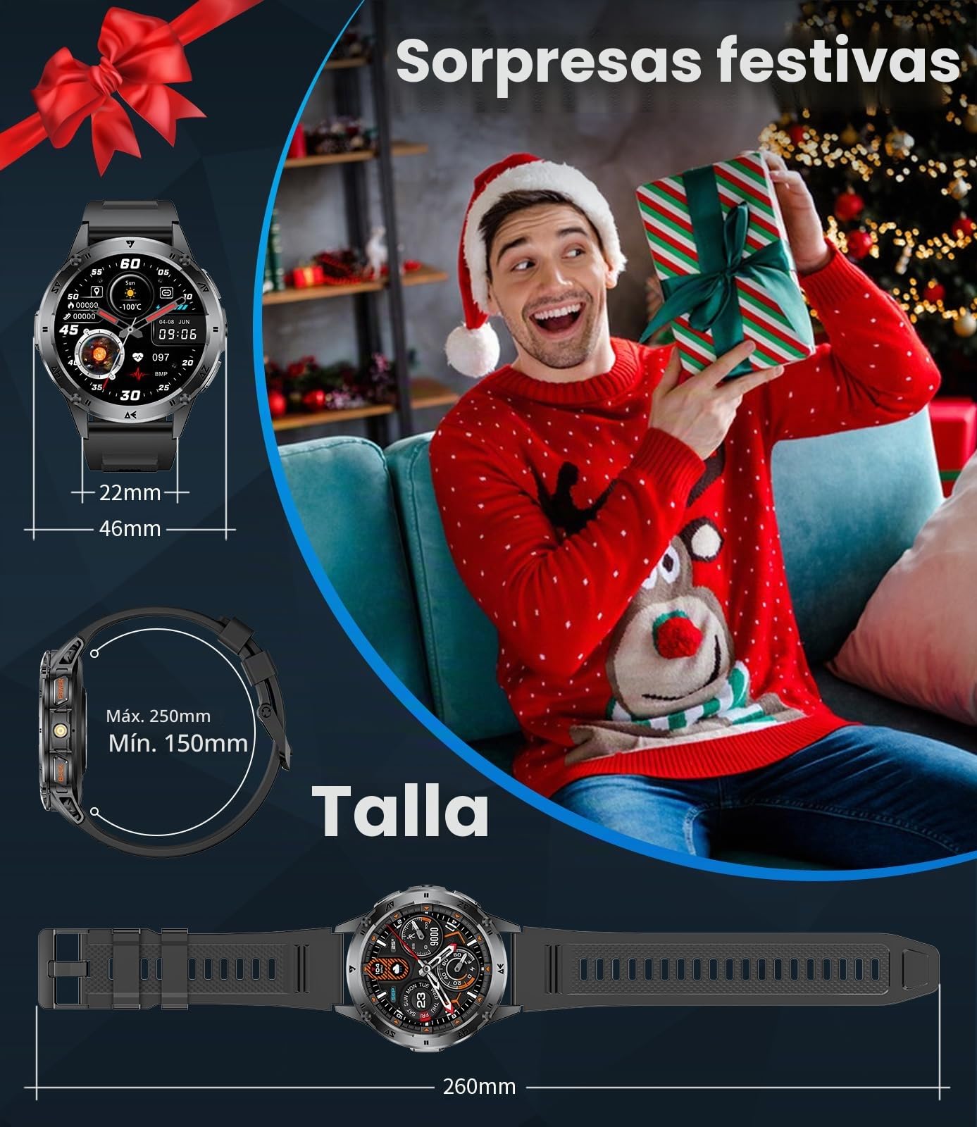 Reloj Inteligente Hombre, Llamadas Bluetooth, Pantalla AMOLED HD de 1,43", Linterna LED, 110+ Modos Deportivos, Monitor de Ritmo Cardíaco/Sueño/IP68, Compatible con Android iOS, Negro
