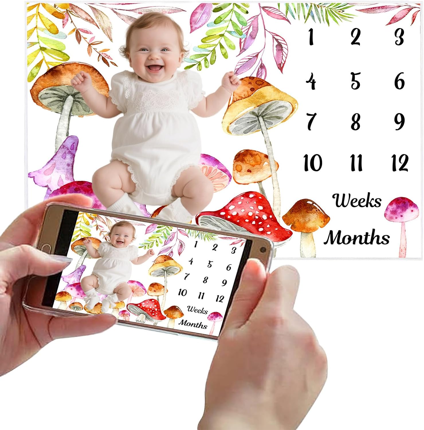 Mushroom Theme Baby Monthly Milestone Blanket, 60x40in Soft Flannel, Watercolor Backgrounds, Newborn Mom Gifts, Baby Shower Age Growth Tracker with Bonus Maker