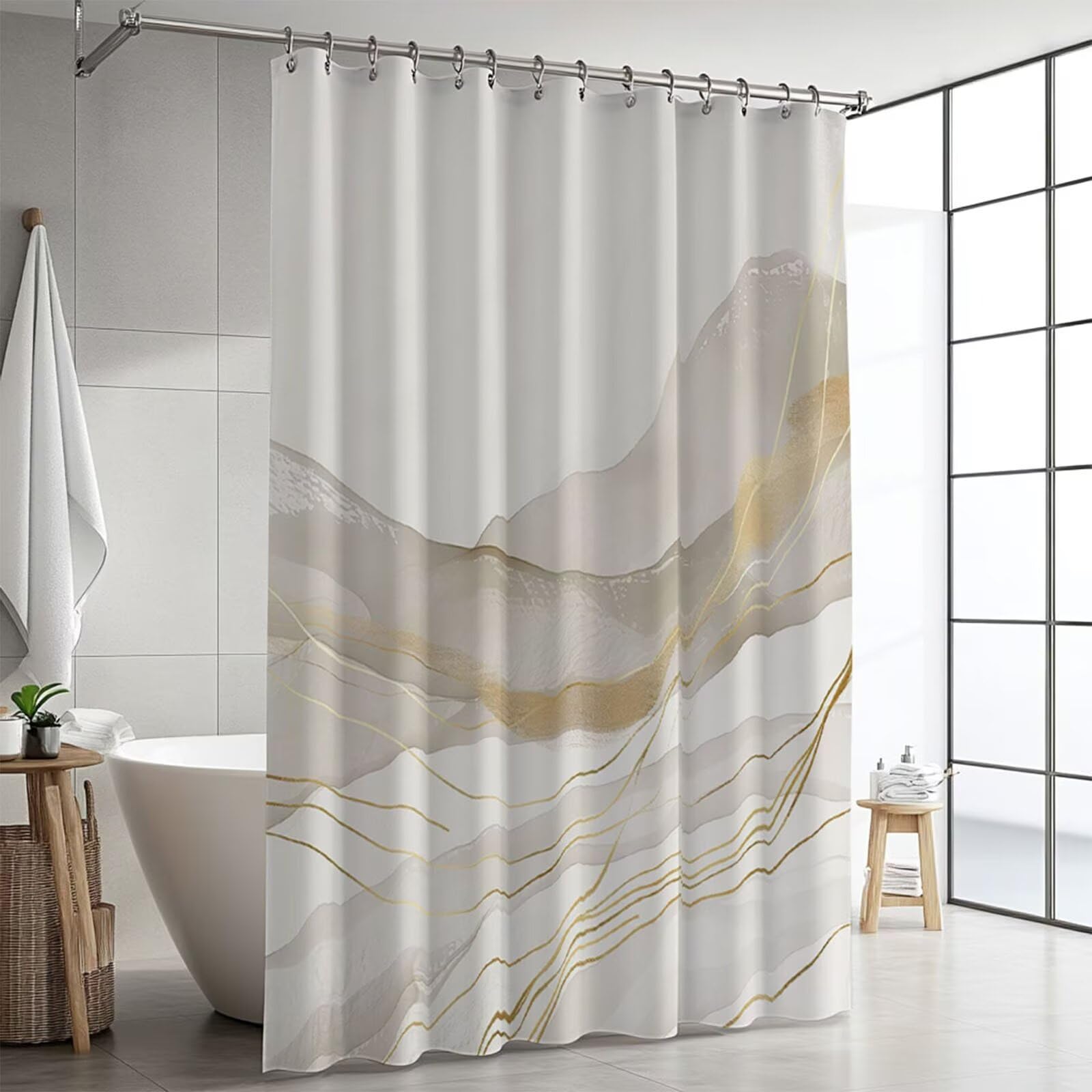 Duschvorhang Überlänge 300x180cm,Grau Duschvorhänge Waschbar, Modern Duschvorhang mit Gewicht Polyester Stoff Shower Curtains, mit 12 Plastik Duschvorhangringen für Badewanne und Bad Deko GJ-967
