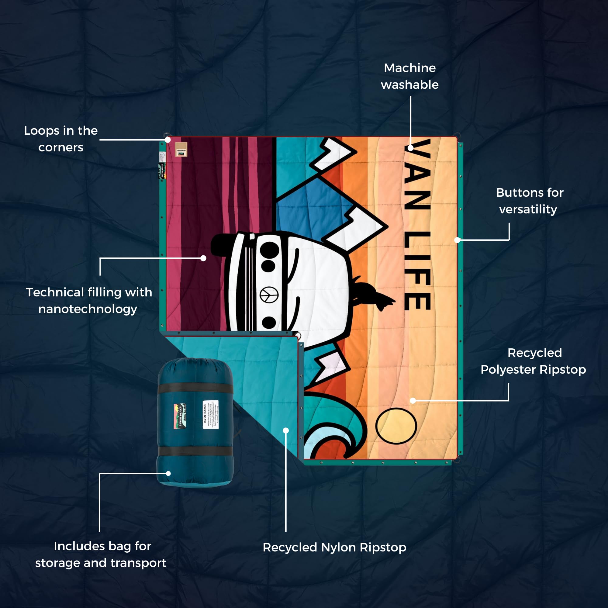 Seven Peaks Manta Edredón de Exterior e Interior - Camping Ligera Suave para la Aventura Impermeable y Resistente a la Arena, Cualquier Sitio Plegable Antimanchas 200X180CM (Van Life, Nylon)