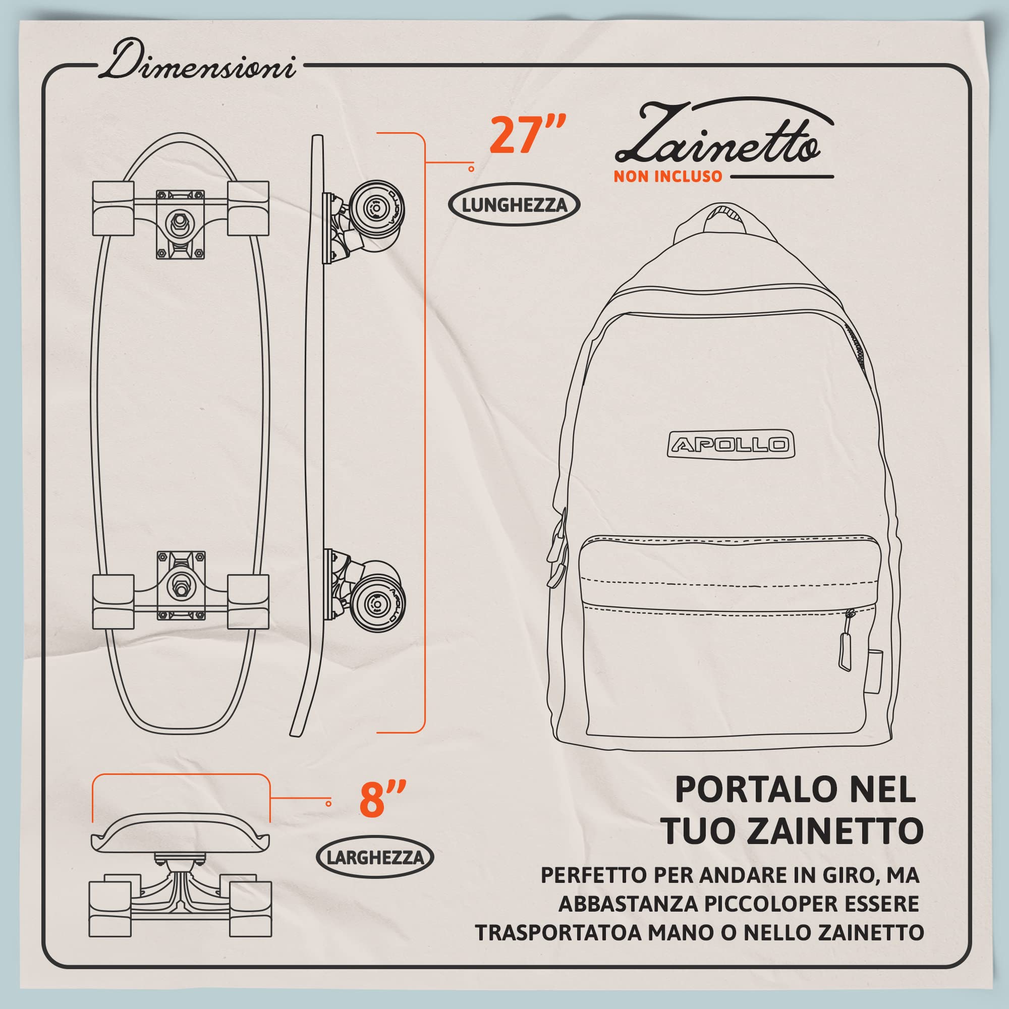 Apollo Mini-Longboard | Midi Cruiser | Skateboard cruiser da 70cm (30x8) | Maneggevole Skate in Legno e in Stile Vintage con Cuscinetti a Sfera High Speed ABEC 9