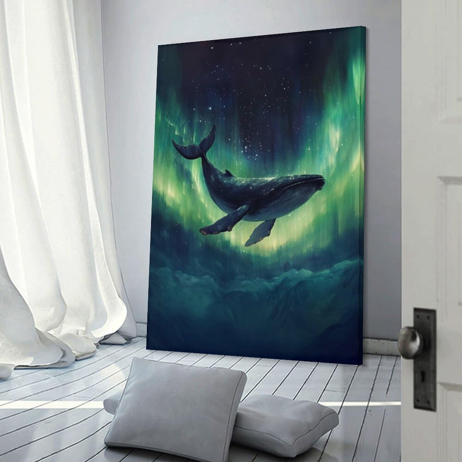 Junmoney Frame-Style-17 Canvas Wall Picture Whale And Aurora Borealis, 20X30inch(50X75cm), For Bedroom, Lounge Or Dressing Area, Stylish Decor For A Restful Room Update