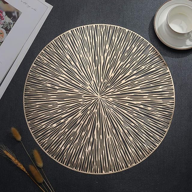Hosoncovy 4 Pack Firework Decorative Placemats PVC Placemats Hollow Table Place Mats Heat Resistant Non-slip Dining Placemats Leaf Placemat Round Placemats for Home Kitchen (Gold)