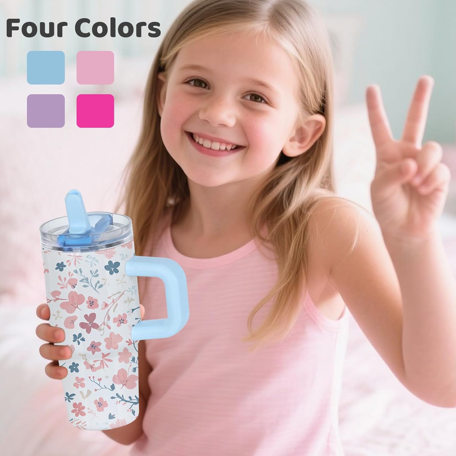 4 Pack 14 Oz Sublimation Tumblers Bulk for Kids with Handle & Splash Proof Detachable Flip Straw Lid, Kids 14 Oz Stainless Steel Double Insulated Sublimation Tumbler Blanks (Mixed Colors) - Image 8