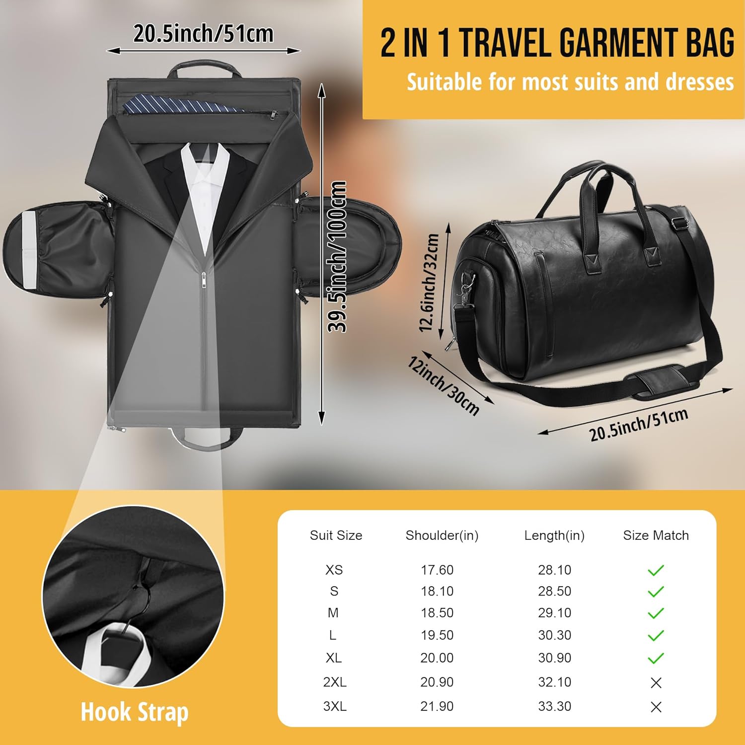 Convertible Garment Bag, Carry on Garment Duffel Bag with Shoulder Strap, Men's Women's Travel Clothing Bag with Shoe Compartment, 2-in-1 Hanging Suitcase Suit Business Travel Bag (Black) - Image 2
