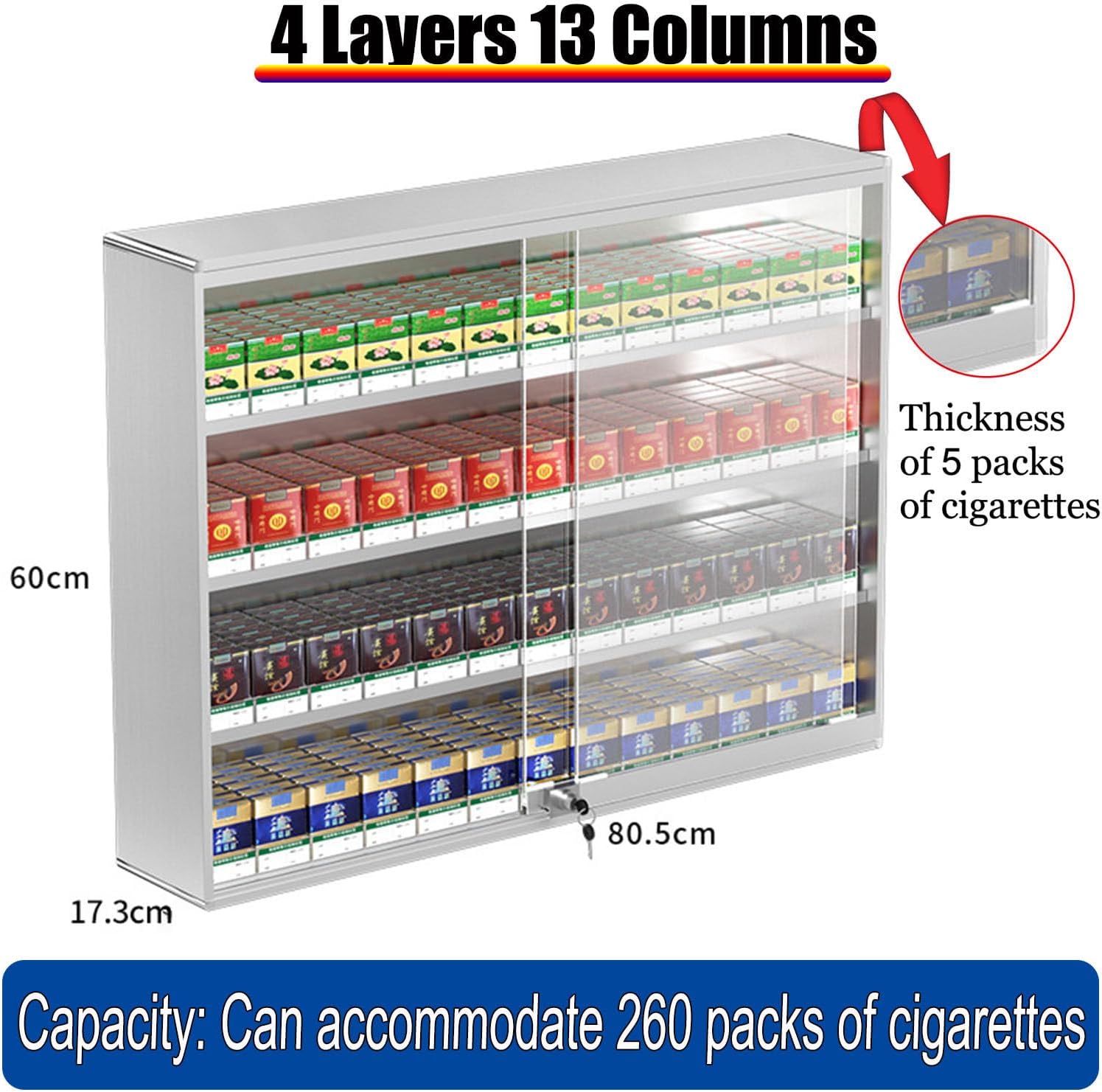Aluminum Alloy Cigarette Display Cabinet,Cigarette Display Holder,Cigarette Showcases Rack,Wall Mounted Cigarette Case Shelf,with Sliding Door With Lock,80.5 * 17.3 * 60cm