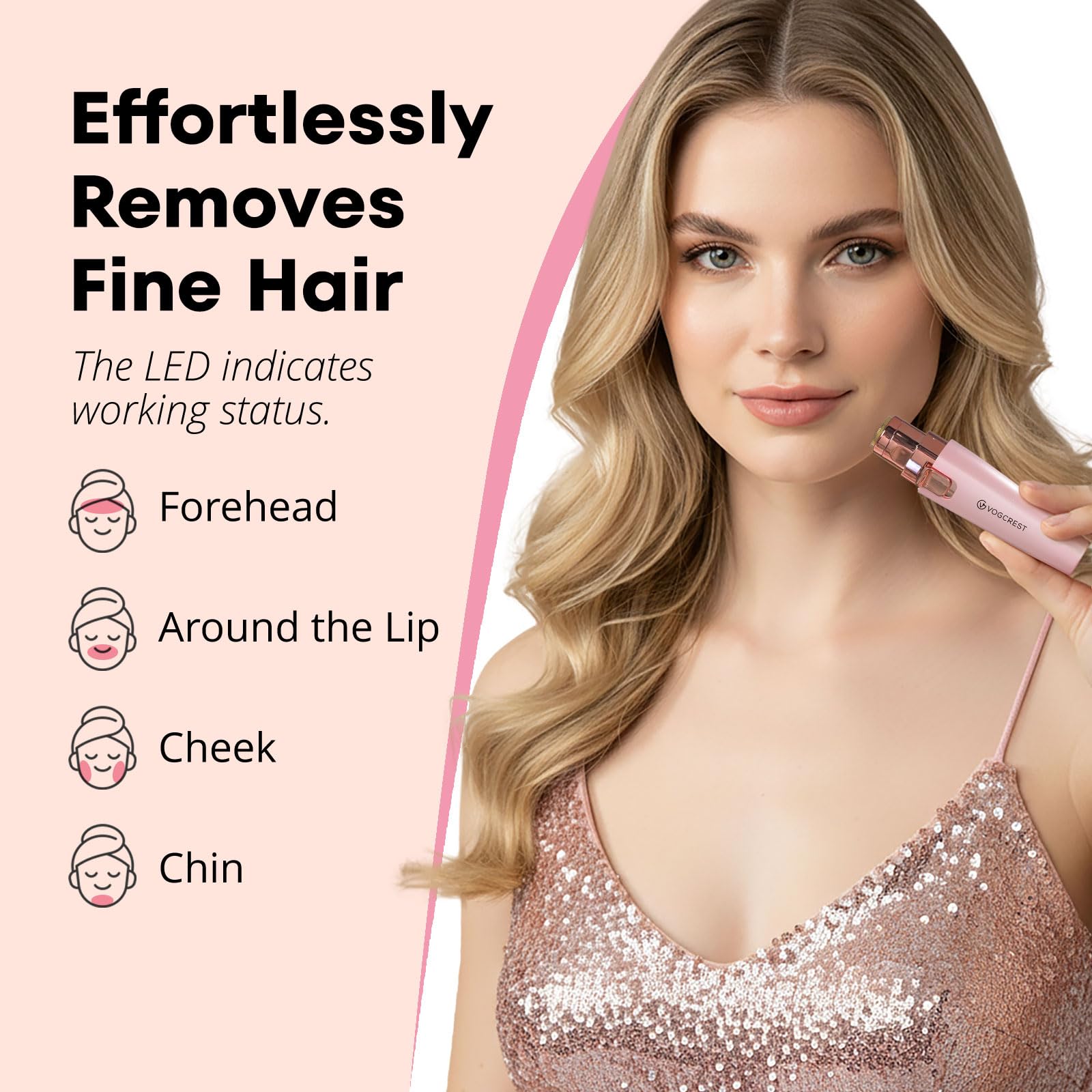 VG VOGCREST Rasoio viso per sopracciglia: 2 in 1 ricaricabile per la rimozione dei peli del viso e delle sopracciglia, rasoio per viso, labbra, corpo, indolore, con luce LED integrata (PINK)
