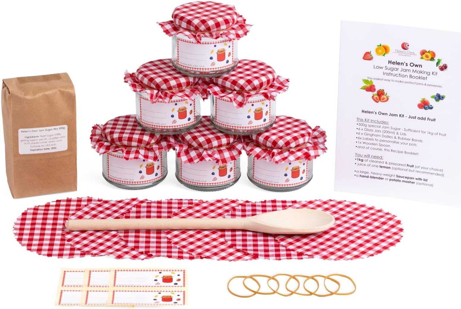 Helen's Own Jam Making Kit - Easy LOW SUGAR JAM - Kit includes 6 Jars, Lids, Doilies, rubber-bands and 500g of Helen's Own Pectin sugar mix - Now suitable for Vegetarians & Vegans!