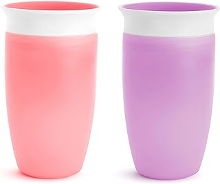 Munchkin Sippy Cups for Toddlers 1-3, Spill Proof Miracle 360 Cup, 10 Ounce, 2 Pack, Pink/Purple