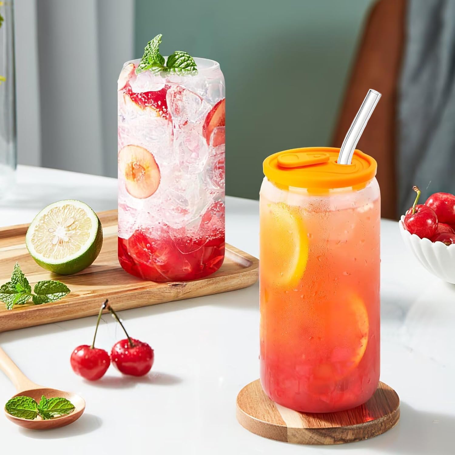 Bicchieri con Cannuccia e Coperchio,4 Pezzi Bicchiere Vetro con Cannuccia,500ML Tazza con Cannuccia,Ideali per Smoothie,Caffè,Soda,Cocktail,Whisky