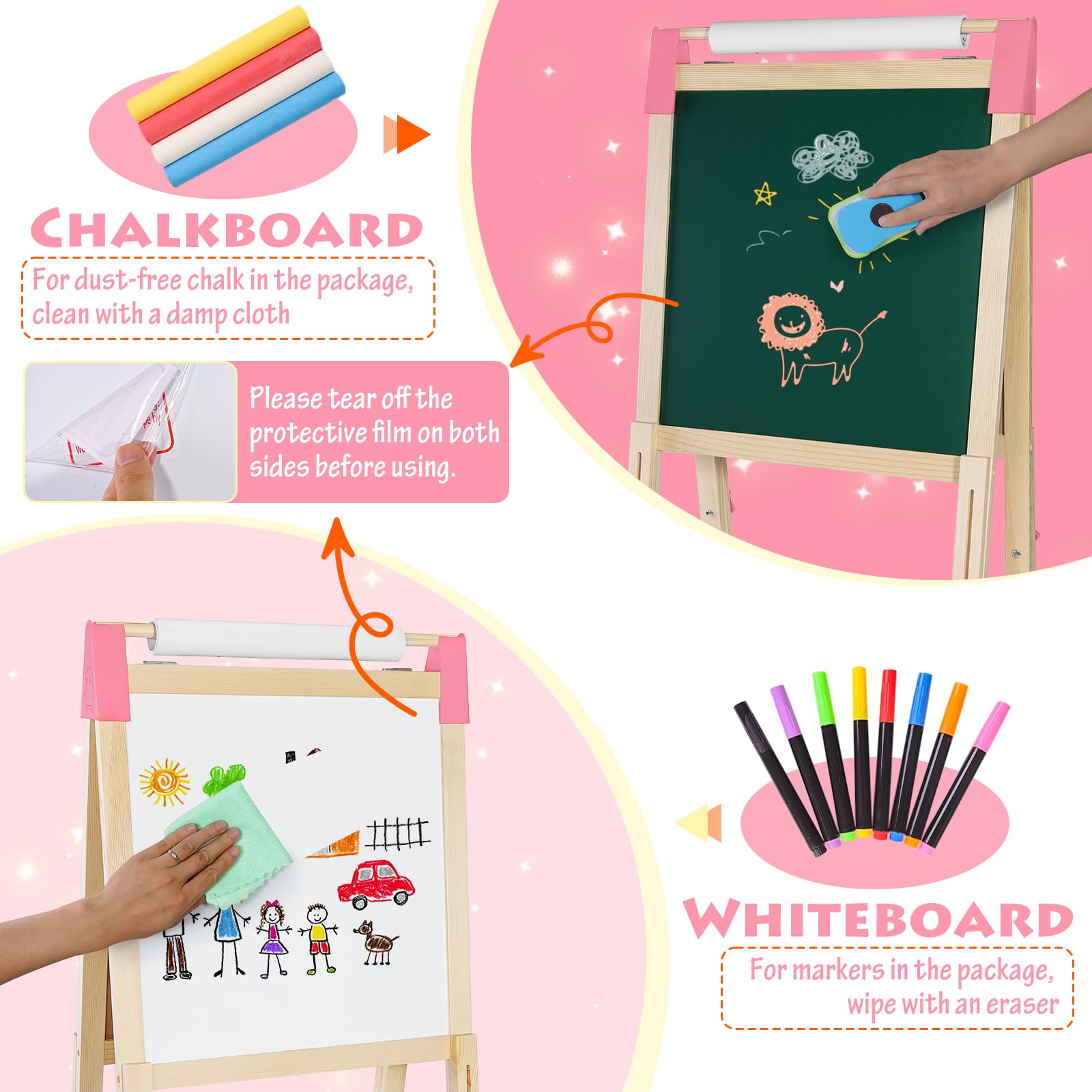 Pizarra Infantil 3 en 1 Doble Cara con Caballete de Madera Altura Ajustable, Pizarra Blanca y Negra con Rollo de Papel Dibujo y Accesorios Multicolor para Niños (rosa)