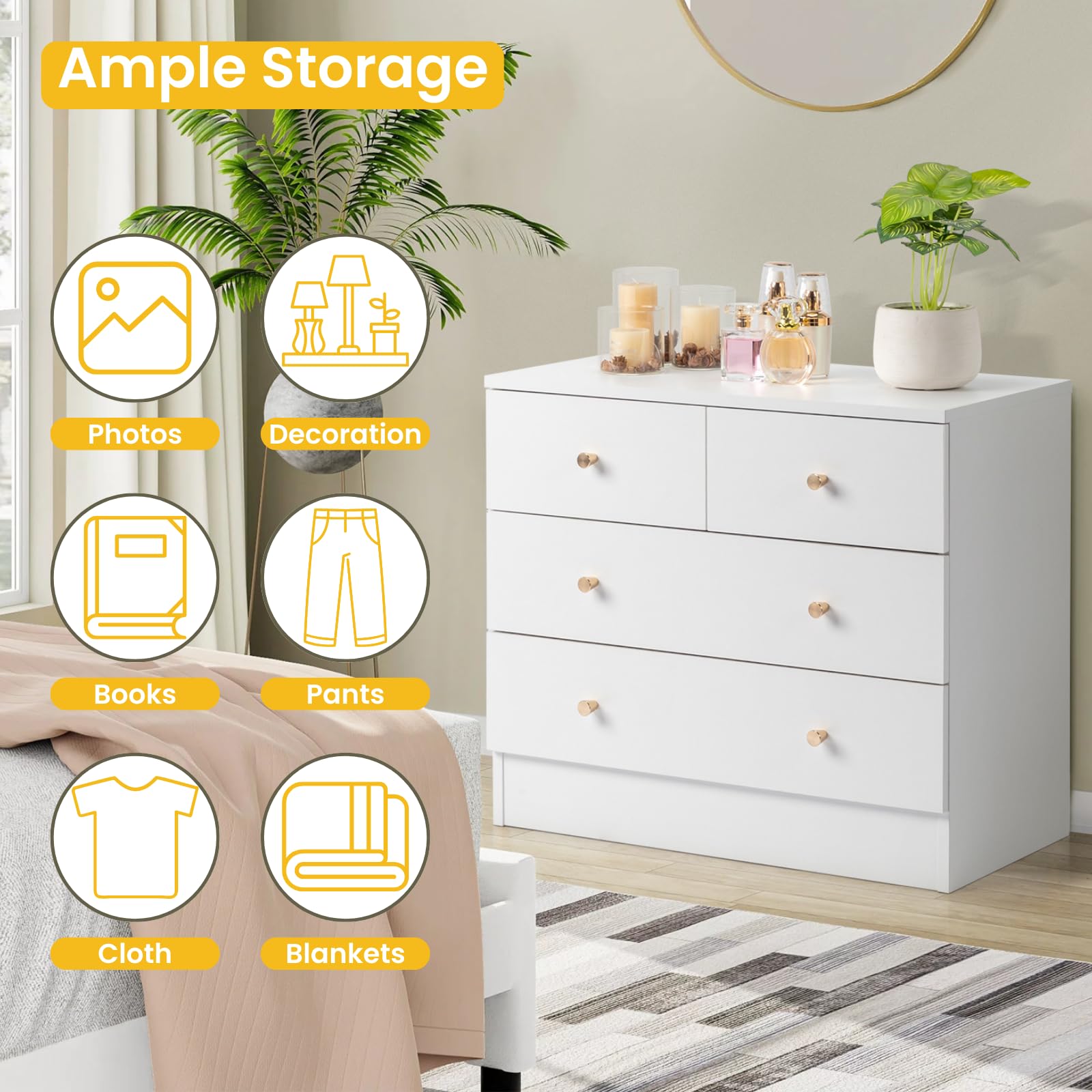 Amazon.com: Karl home White 4 Drawer Dresser for Bedroom, Modern Wood Dresser  Chest of Drawers, Bedroom Dressers Nightstand, Anti-Tipping Device, Rose  Gold Metal Handle, Living Room, Hallway, Office : Home & Kitchen