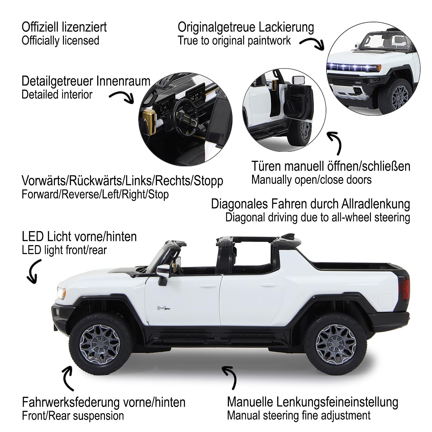 JAMARA Hummer EV 1:16 2,4 GHz drzwi ręczne - 2-biegowe, Crab Walk (kanał rakowy), sterowanie na wszystkie koła, światło LED, samochód RC