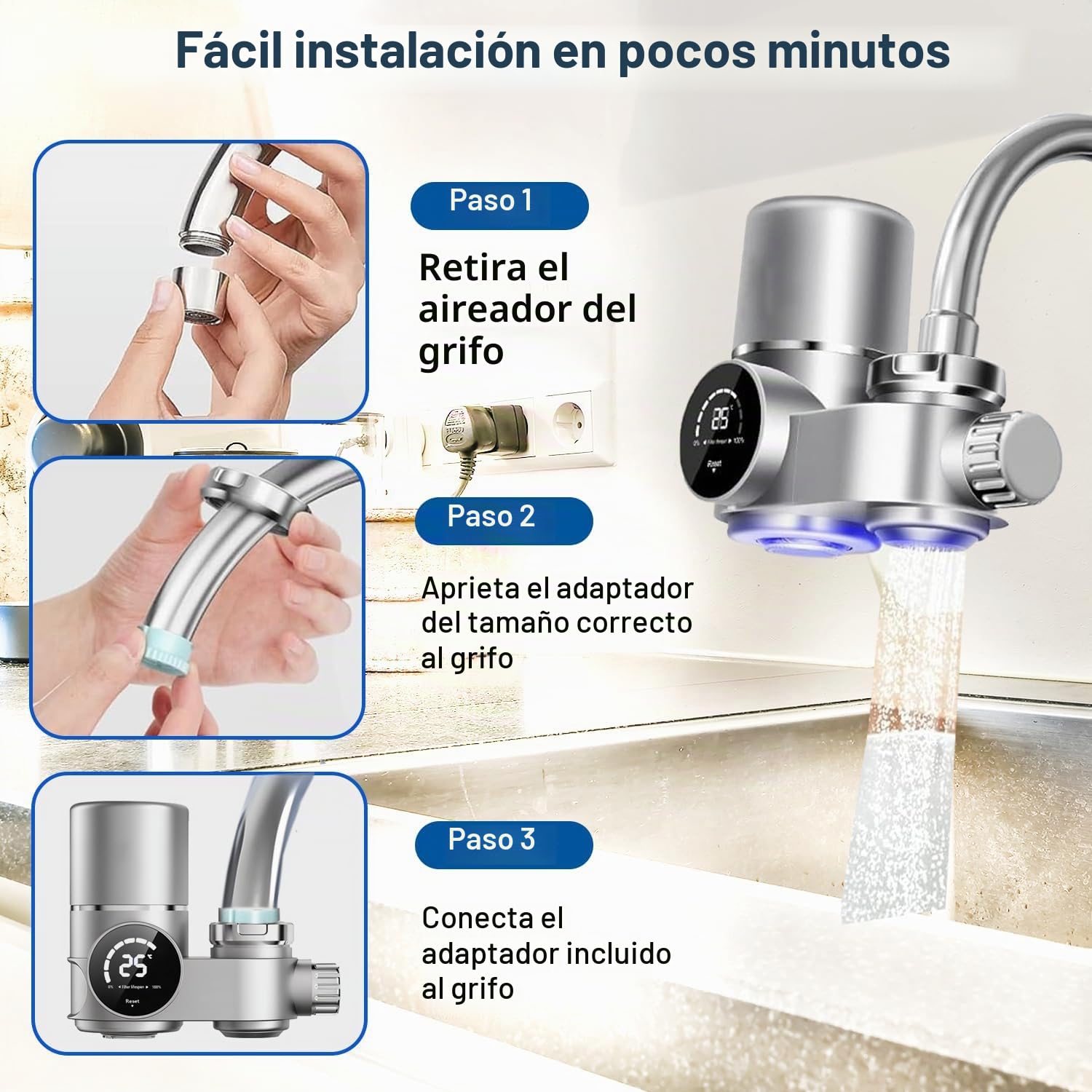 Filtros de agua para grifo, con luz UV e indicador LED, incluye 3 cartucho, Elimina plomo, cloro y metales pesados