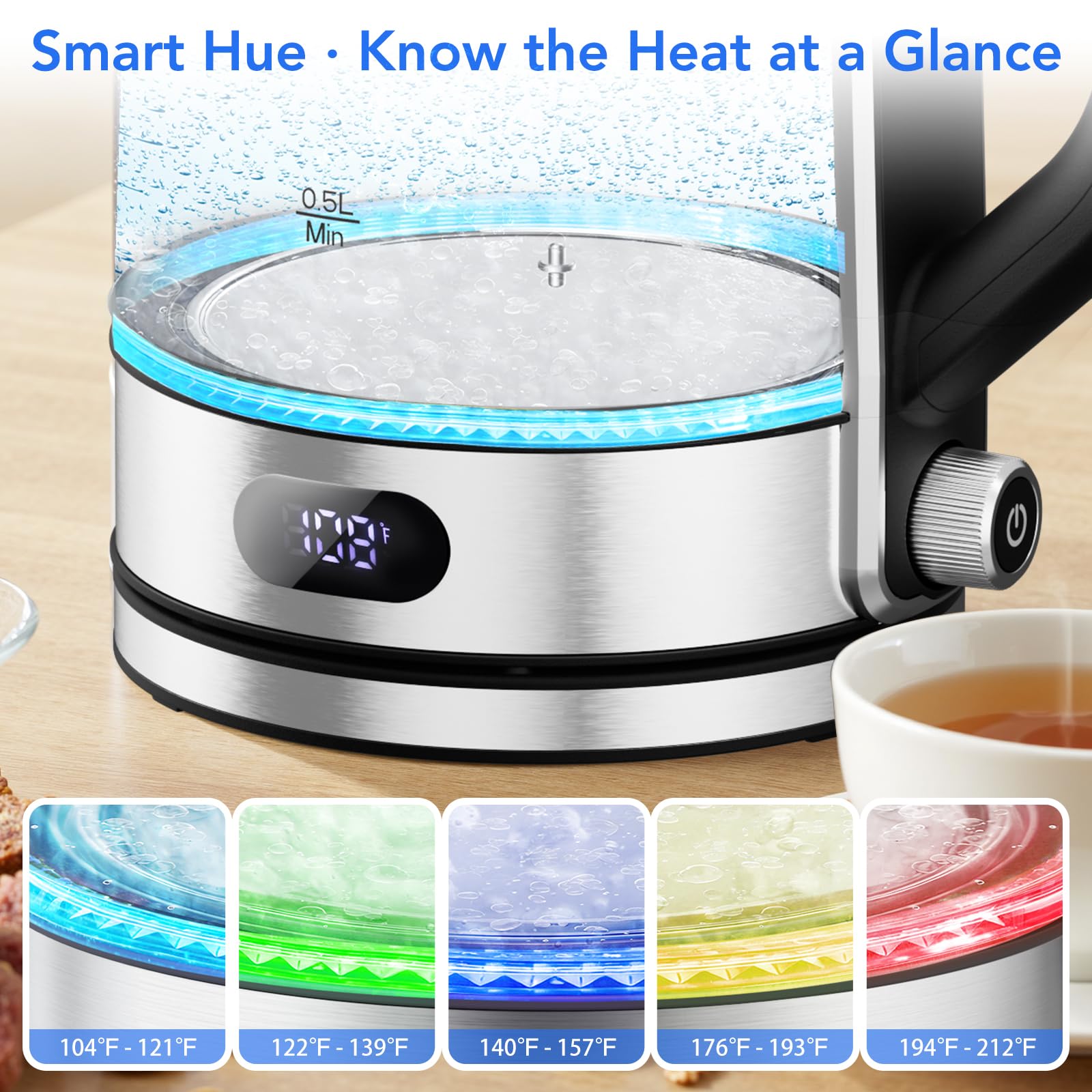 COWSAR Electric Kettle with Smart Hue feature, showing different LED colors for temperature ranges.
