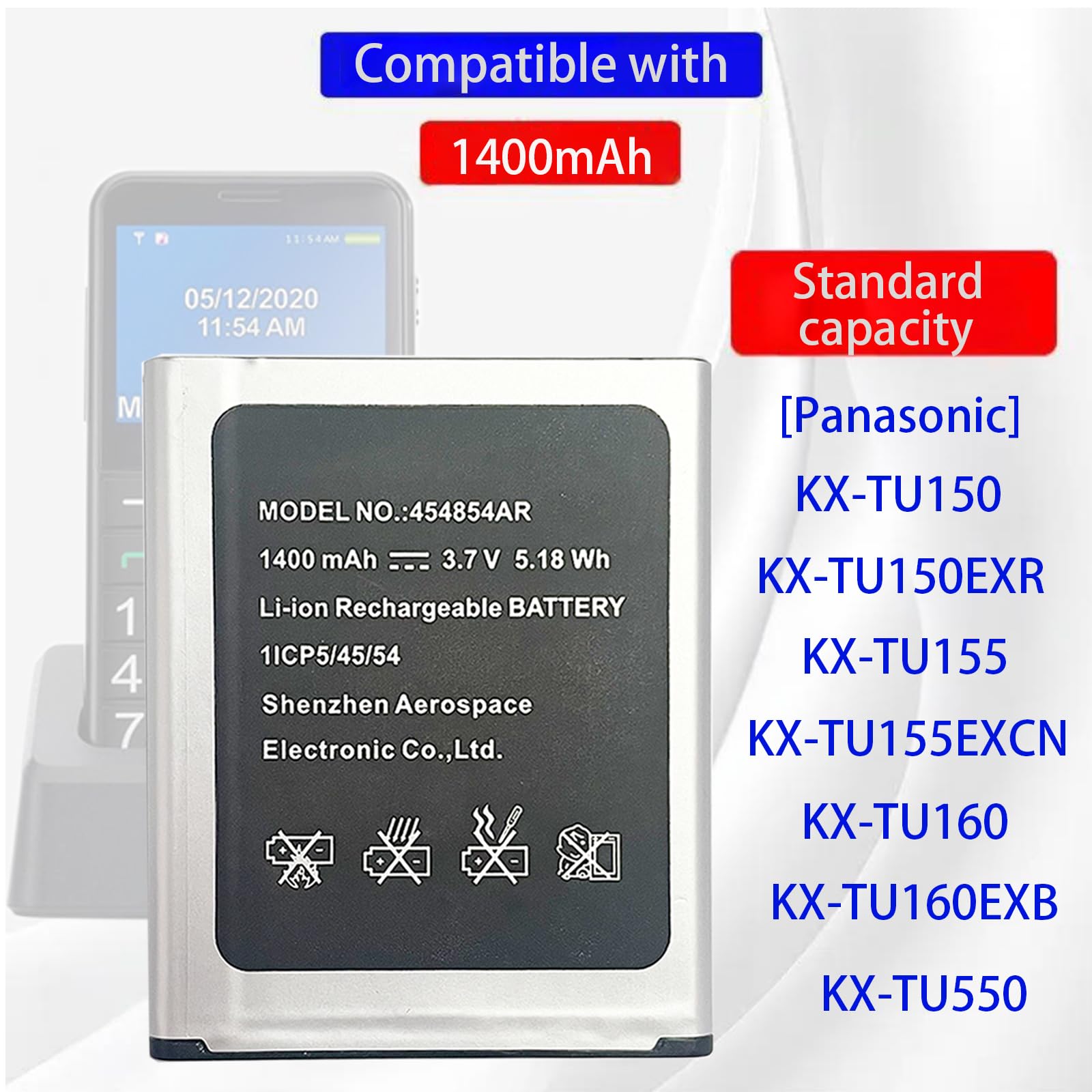 454854AR - Batería de Repuesto 454854AR Compatible con KX-TU150, KX-TU150EXR, KX-TU155, KX-TU155EXCN, KX-TU155EXRN, KX-TU160, KX-TU550, KX-TU150, KX-TU150, KX-TU1550