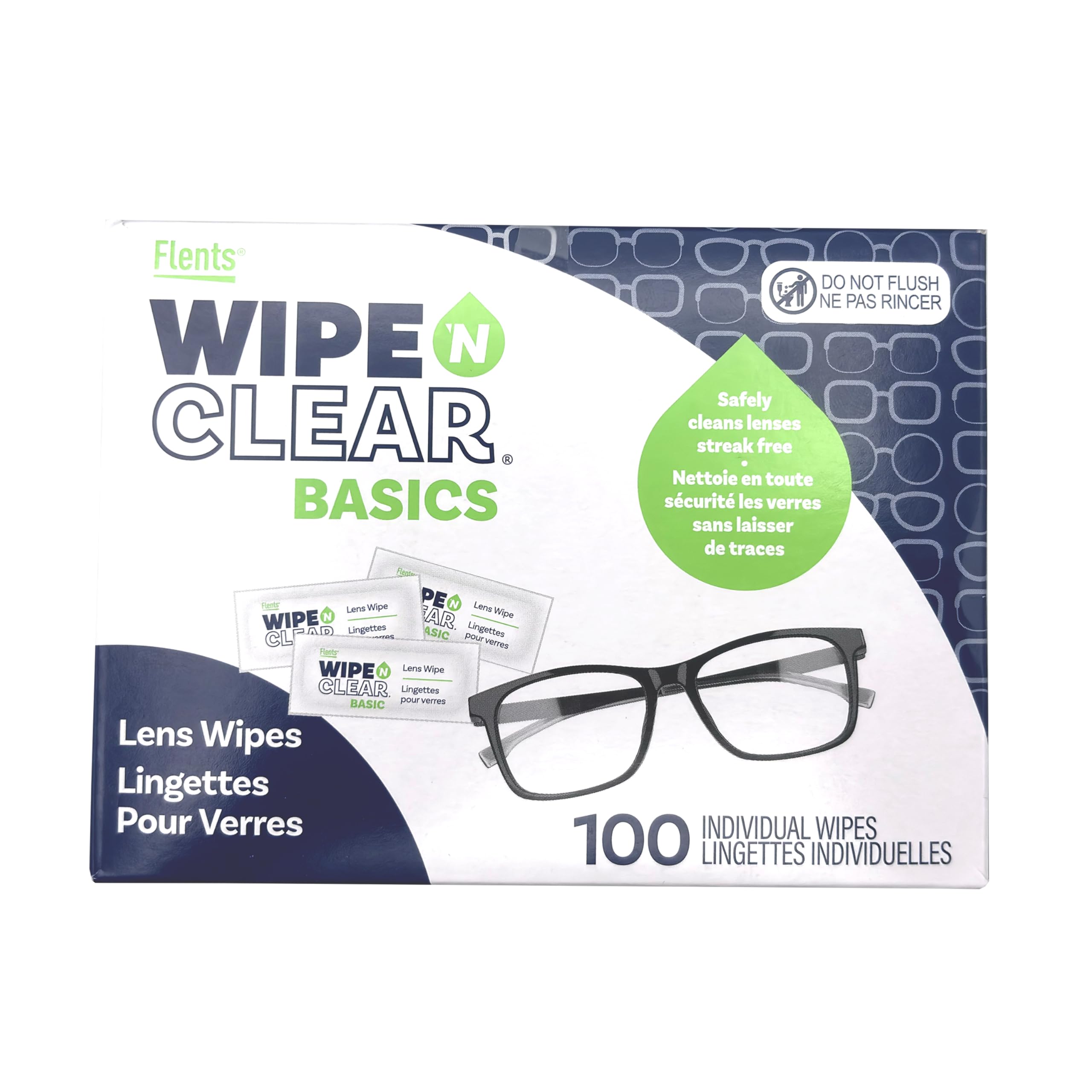 Flents Lens Wipes Wipe N Clear Basic 100 Count Pre-Moistened Streak-Free Safe for Glasses Sunglasses Gentle Cleaning Clear
