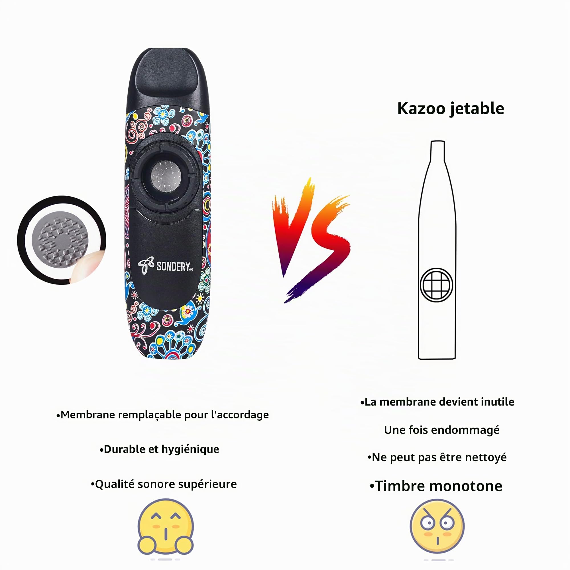 Sondery Kazoo Instrument à Vent Professionnel avec 5 Membranes, Cordon et Pochette