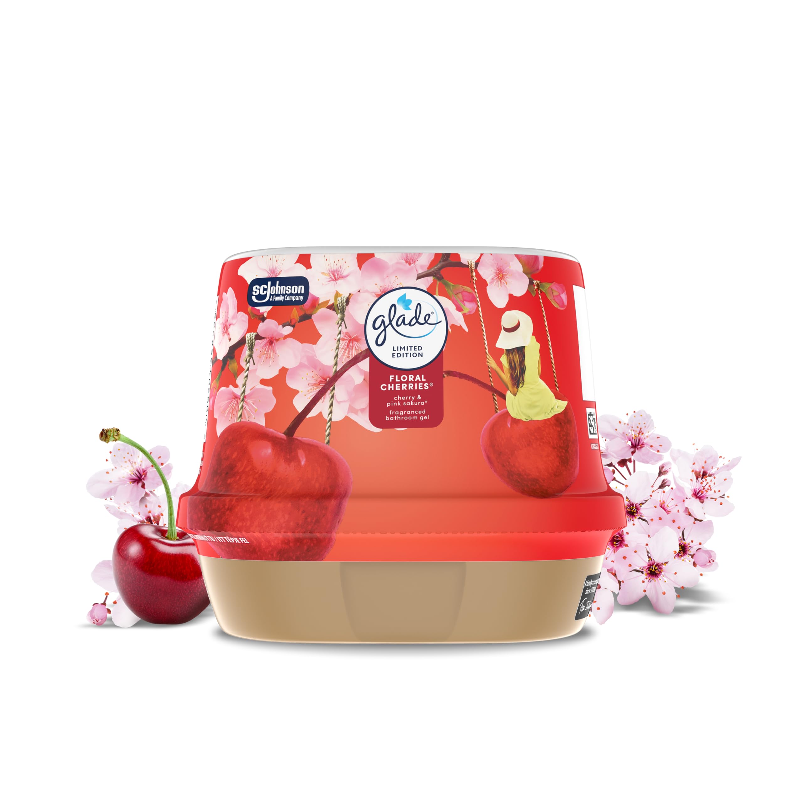 Glade Fragranced Bathroom Gel, Air Freshener and Discreet Odour Eliminator, Floral Cherries, 180g, Packaging May Vary