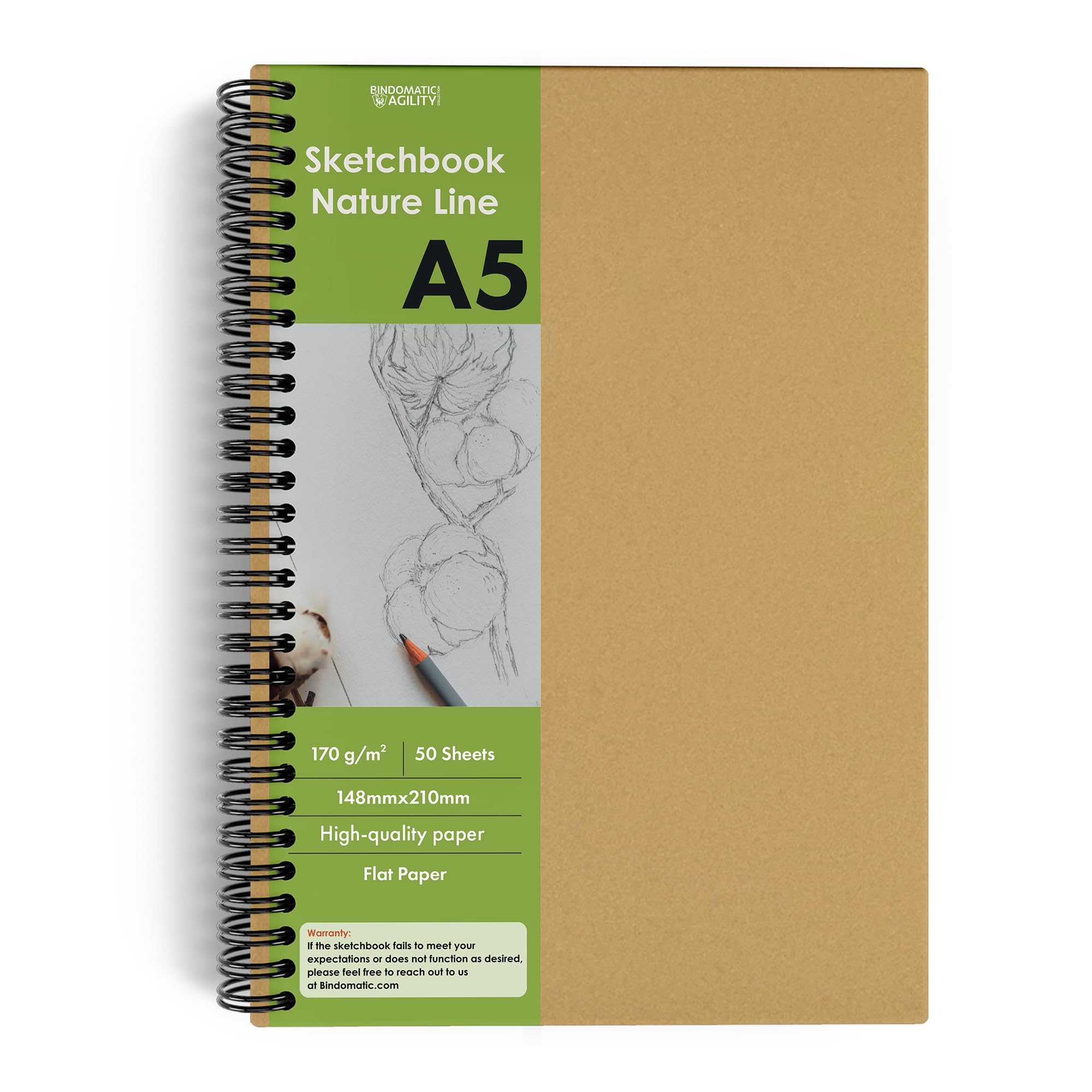 Cuaderno de dibujo A5 Bindomatic Agility Collection Nature Line bloc de dibujo & bocetos de calidad 170g papel reciclado, Artistas y Niños Rotulador pinturas acrílicas Carboncillo y Tinta 50 hojas
