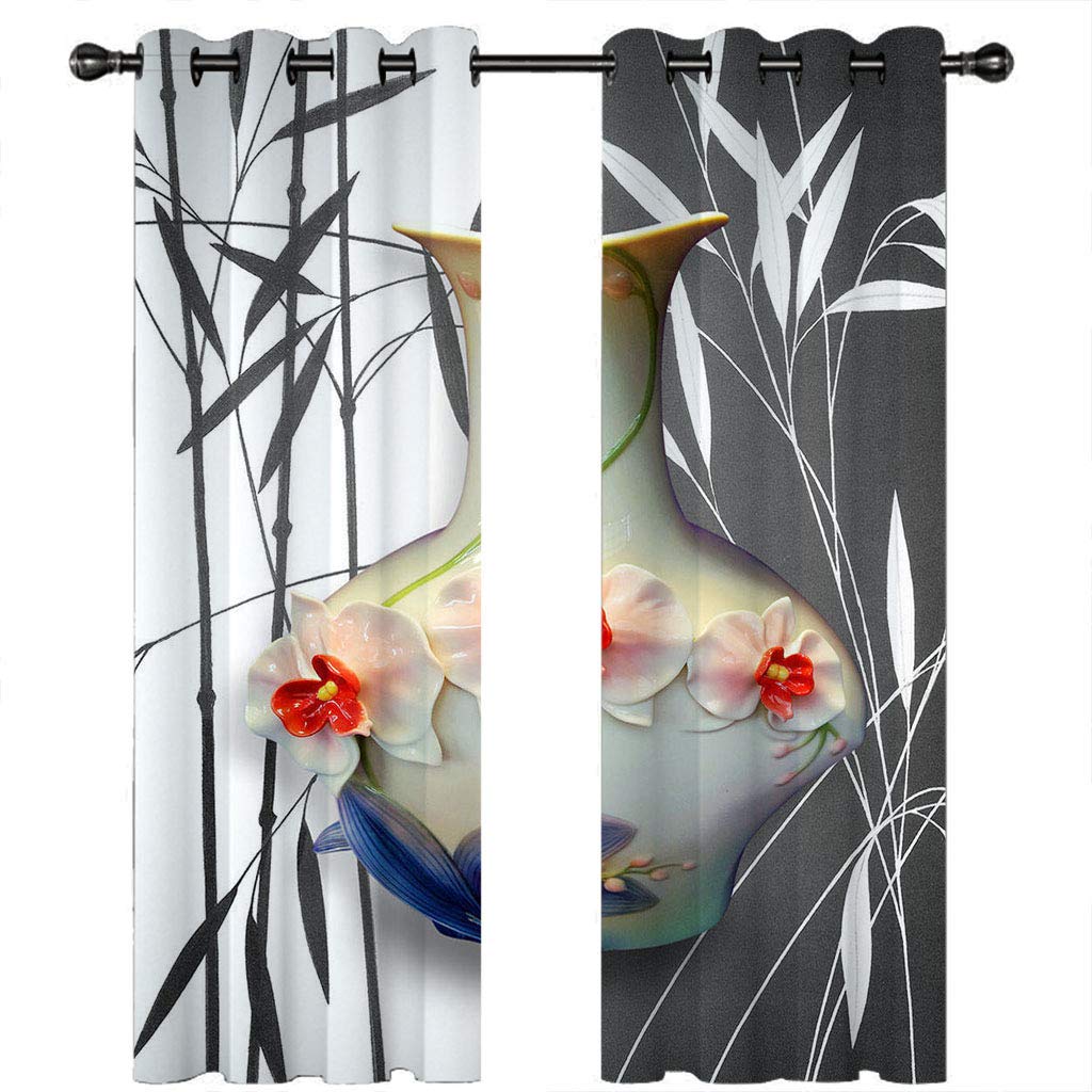 Cortinas Niño Niña Habitacion Opacas Con Ojales 2 Piezas 3D Flores, Pájaros Y Bambú En Blanco Y Negro. Patrón 234X230Cm（An X Al）Cortinas Termicas Aislantes Frio Y Calor Salón Dormitorio Ventana Dec