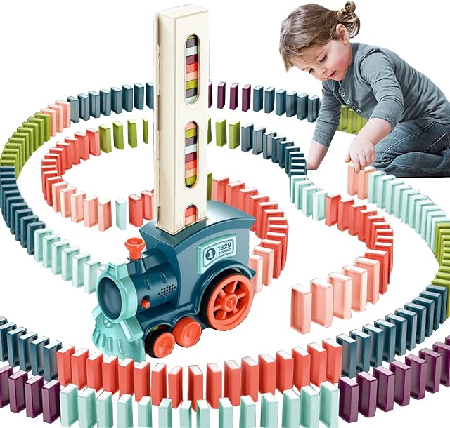 MOREASE Domino Train Toy, 120PCS Domino Train Blocks Set, Automatic Domino Laying Electric Train with Sound, Kids Building and Stacking Train Dominoes Game Toys for Boys Girls (Blue)