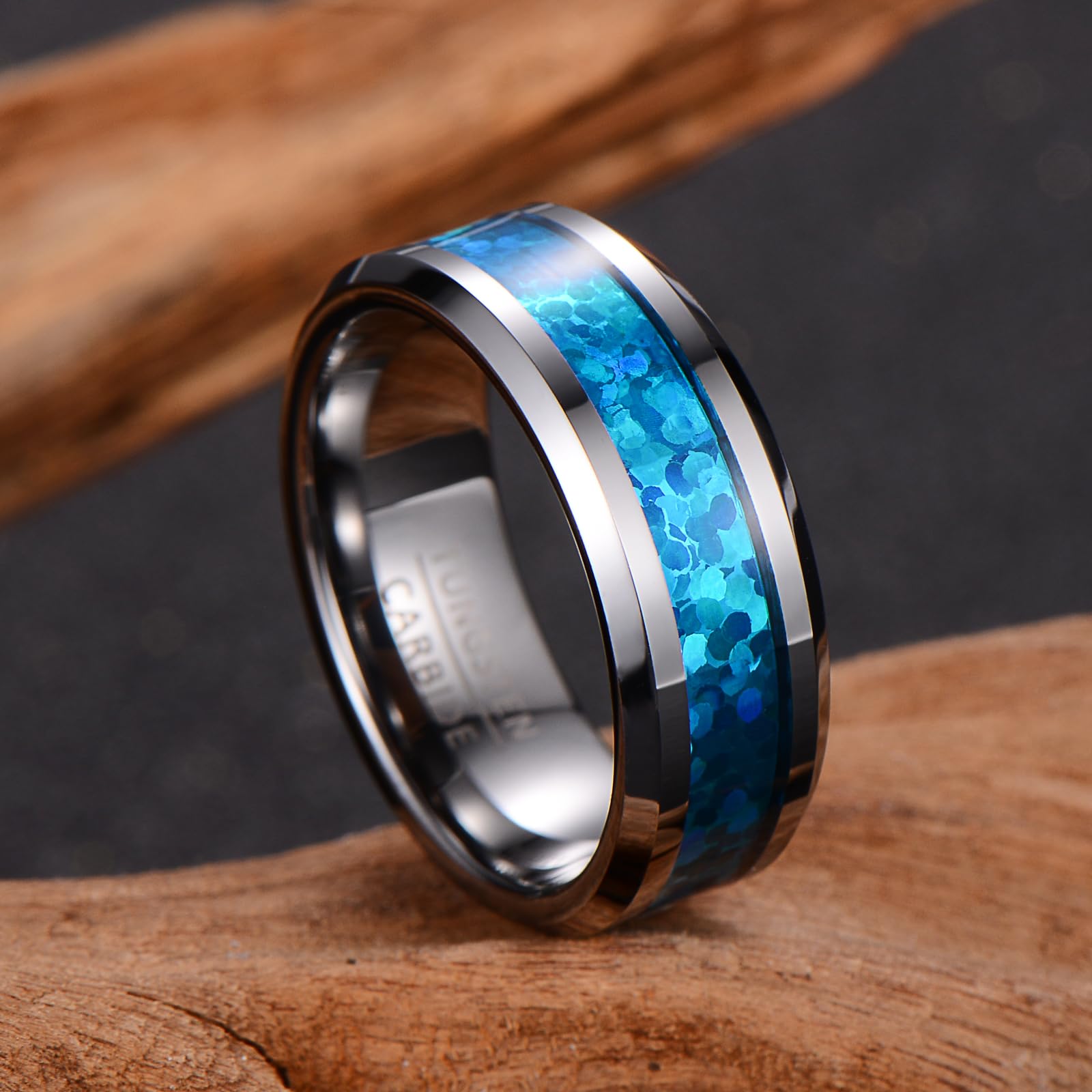 Anello Nuziale in Tungsteno con Intarsio Colorato, Larghezza 8mm con Bordi Smussati e Lucidati (Misura USA)
