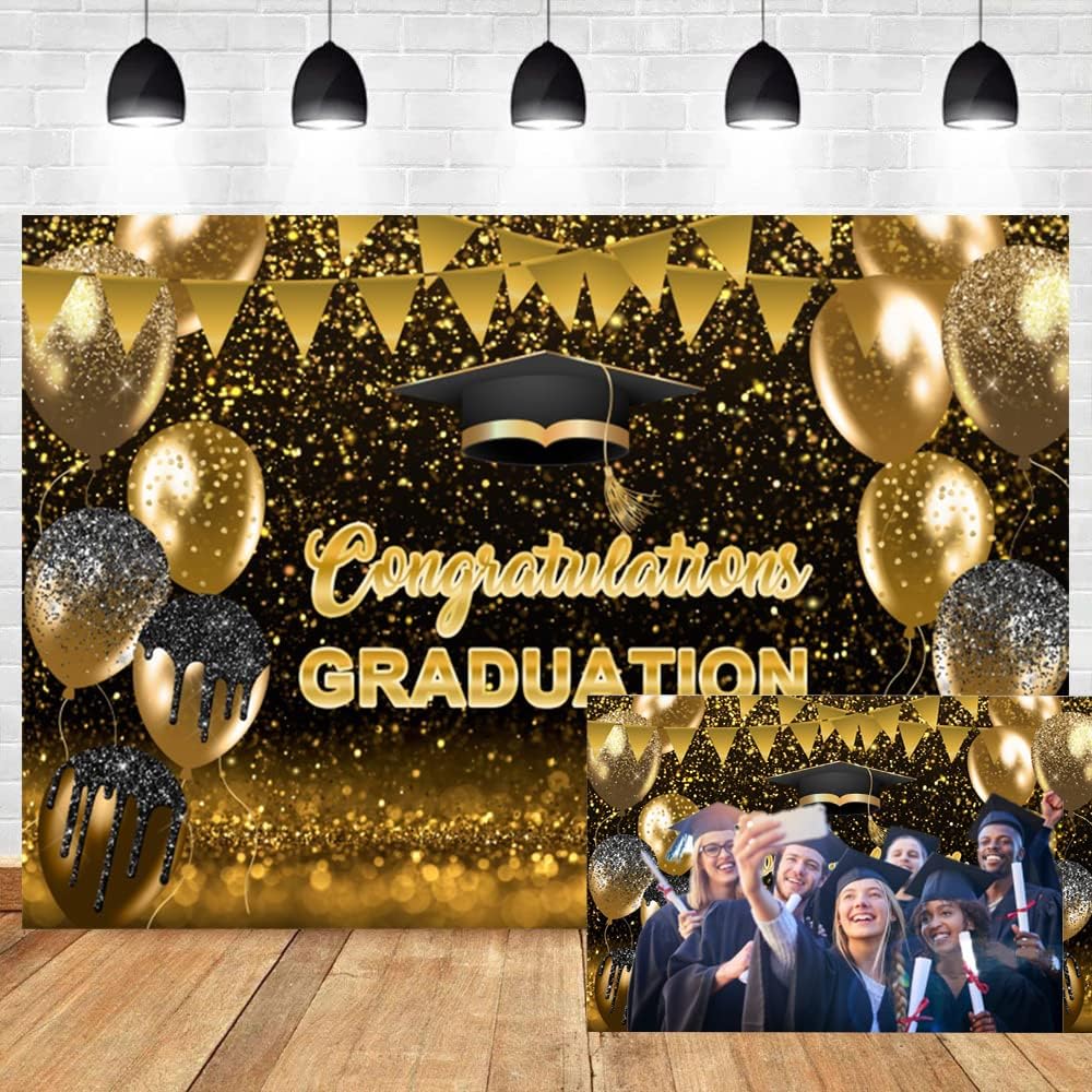OERJU Graduation Backdrop Class of 2026 Congrats Grad Backdrop Banner Royal Blue and Gold Glitter Bachelor Cap Balloon Congratulations Graduation Party Decoration Photo Studio Background 10x7ft