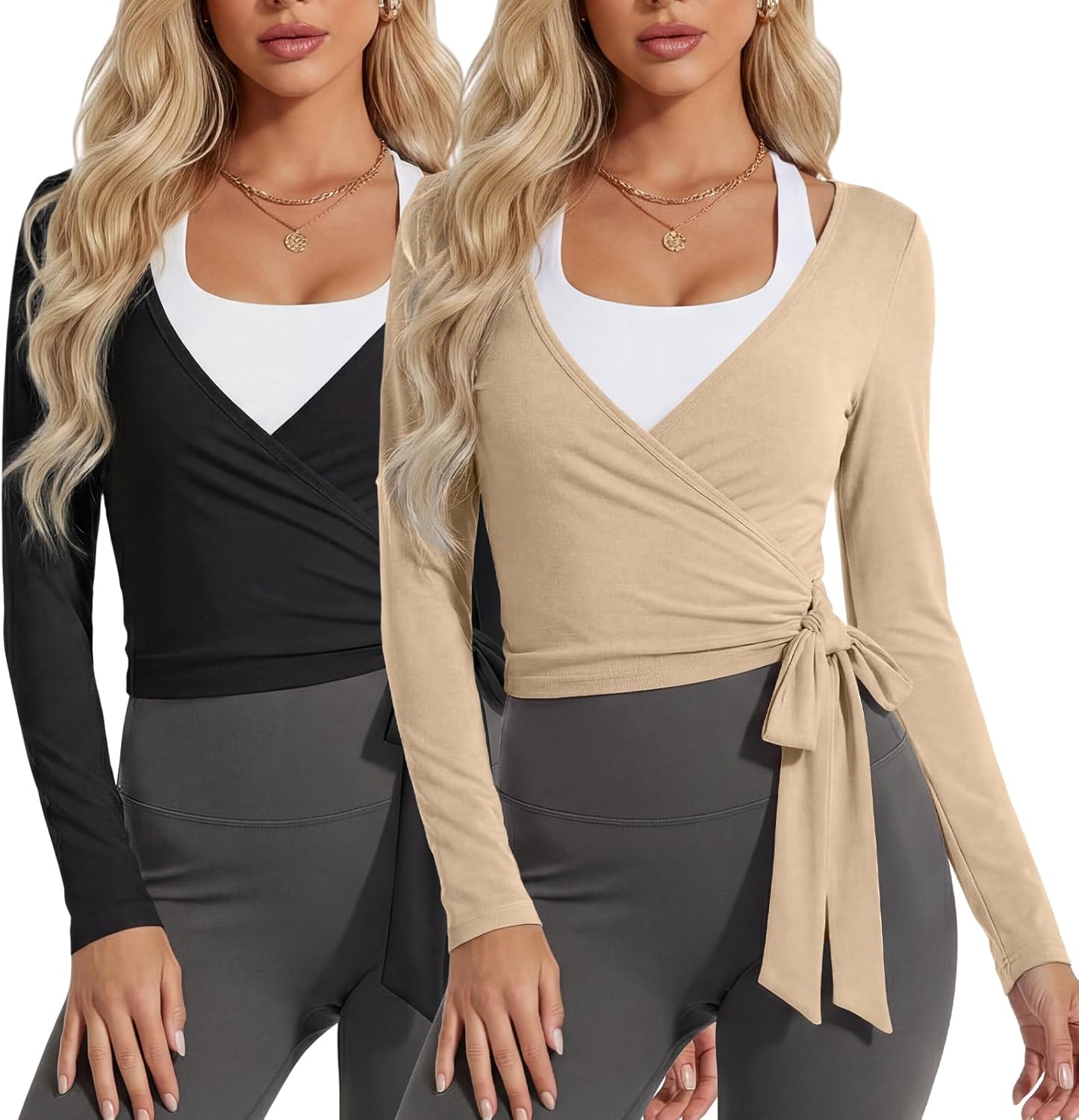 Coume 2 Pack Women’s Ballet Pilates Wrap Top Long Sleeve Tie Front Shrug Yoga Shirt Y2k Workout Active Blouses Crop Tops