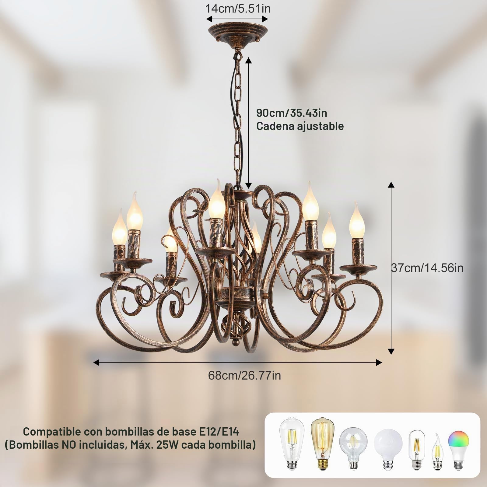 Ganeed Candelabros, Candelabro colgante de país francés de 8 luces, Lámpara colgante de metal rústico vintage Iluminación colgante ajustable, Luz de sala de estar, Candelabro de cocina