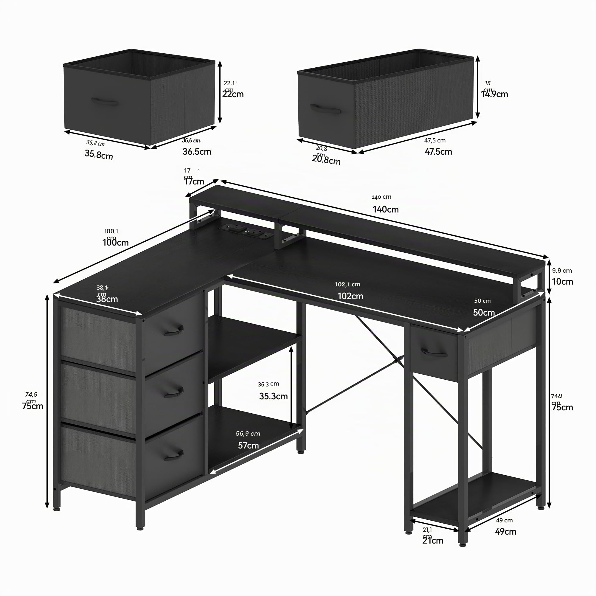 YITAHOME L Form Bureau avec Prise USB 4 Tiroirs Réversible 140x100cm Noir