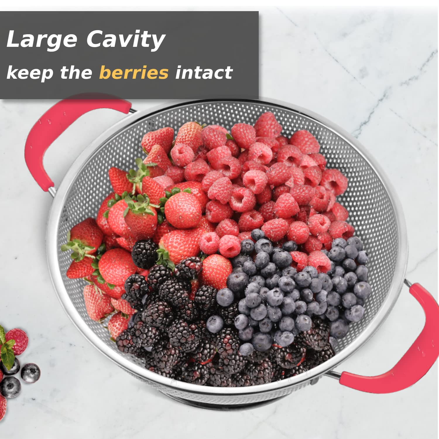 Sieb, 18/8 Edelstahl, Silikongriff, groß, robust, professionelles Küchensieb, ideal für Nudeln, Beeren, Gemüse, Nudeln, Obst, 5 l, Rosa