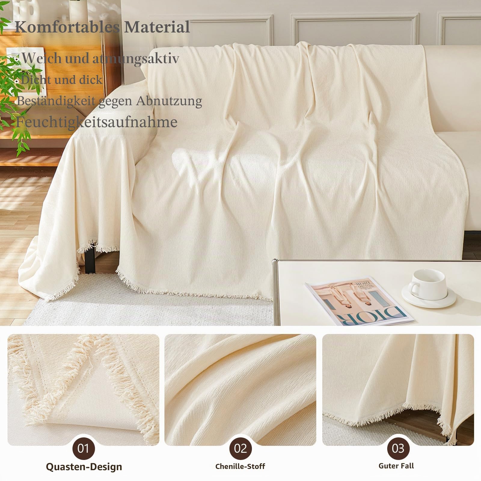 Sofa Überwurfdecke für 4 Sitzer, L-förmige Ecksofas, Einfarbige Chenille Kratzfest Sofaüberzug, Waschbar Sofaüberwurf, haustierfreundlich Couchüberzug mit Quasten F Beige 180x380cm