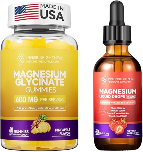 Glicinato de magnesio Gomitas para adultos, sueño, relajación y concentración, sabor a piña y líquido con citrato de magnesio y taurato, sabor a