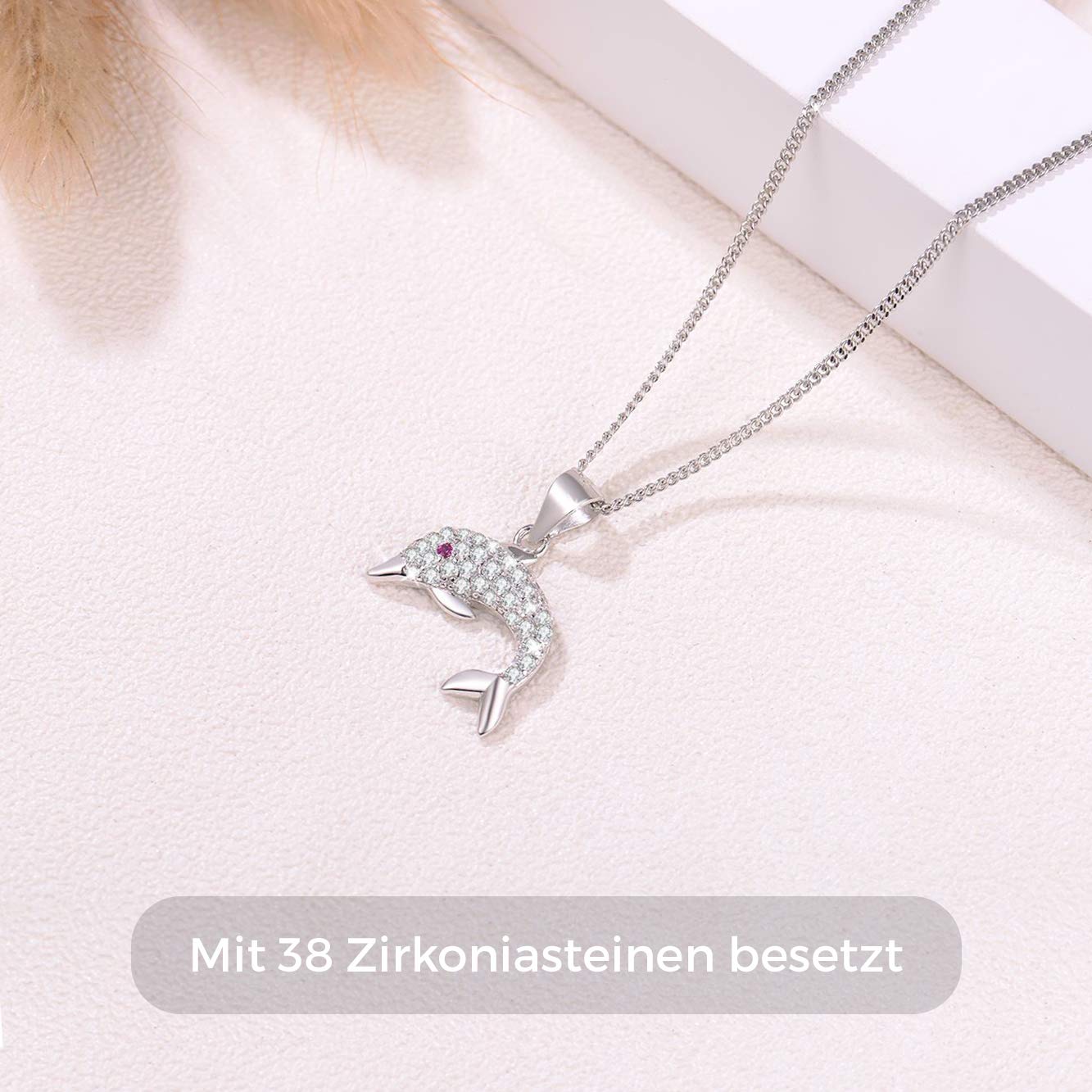 MENDOZZA Damen Kette Delfin Anhänger 925er Silber Halskette Zirkonia 50 cm