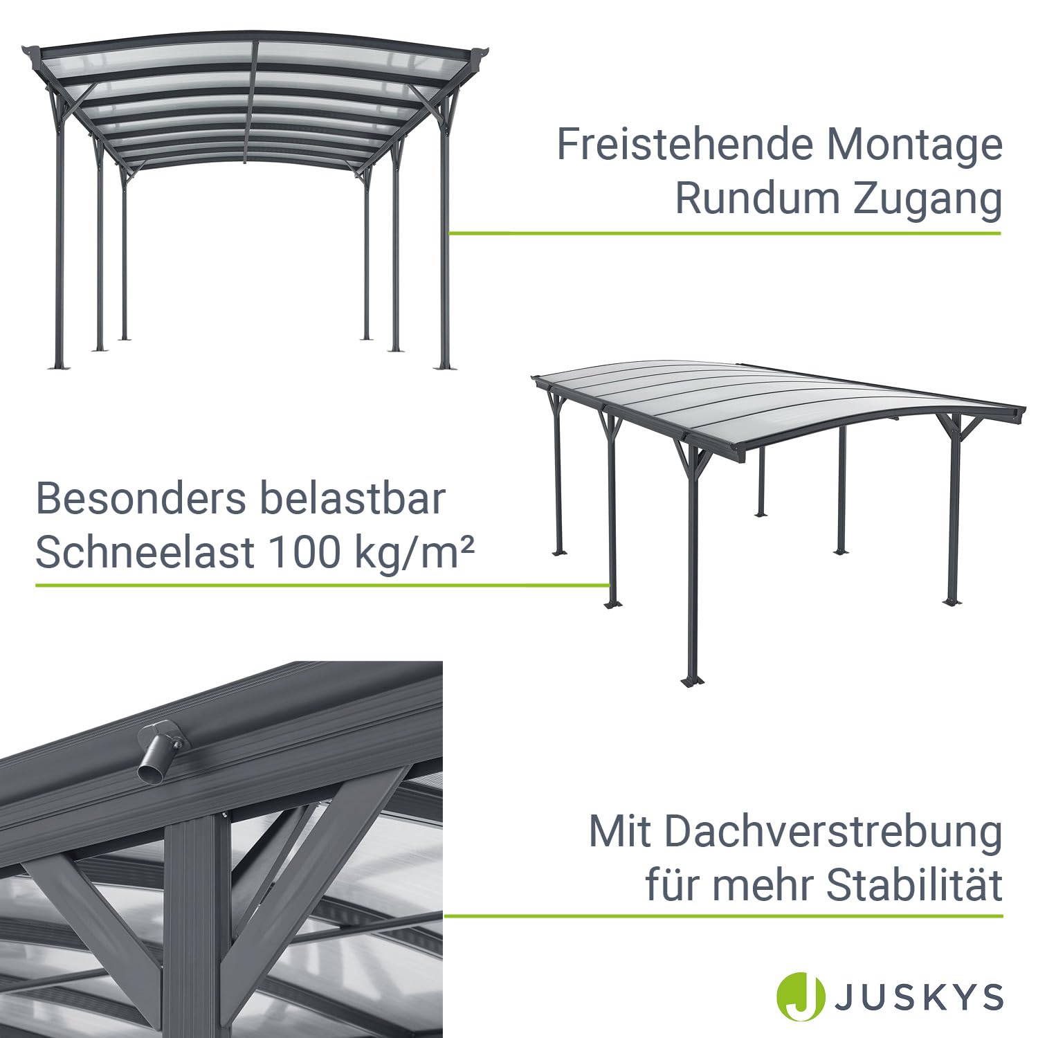 Juskys Carport mit Bogendach 5x3 m - Überdachung aus Aluminium mit Doppelstegplatten - Unterstand für Autos - freistehende Montage - Dunkelgrau