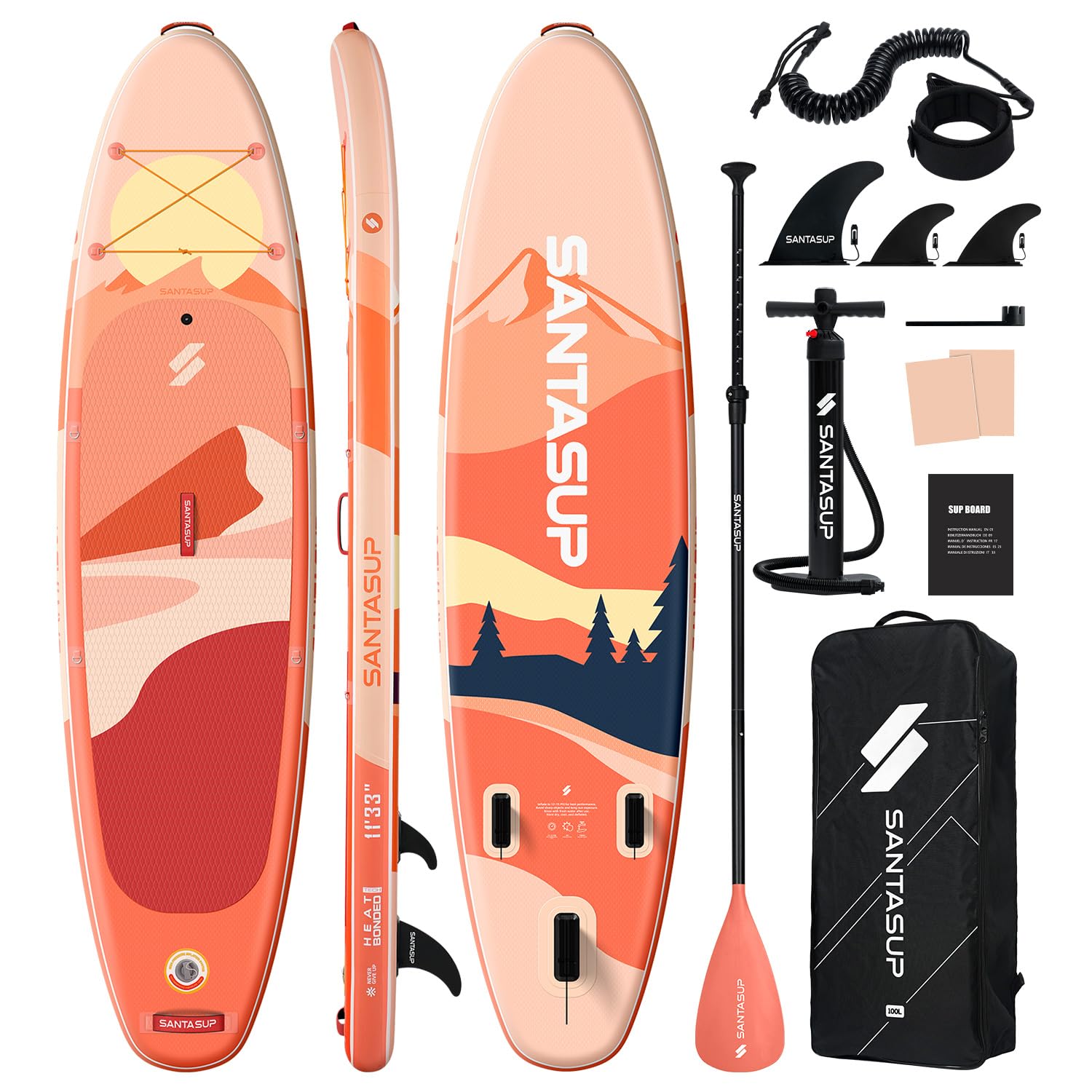 Santasup Tavola gonfiabile per stand up paddle, blu, con accessori, ampia tavola per adulti e ragazzi, tavola da surf, tavola da sup a tutto tondo con tavola antiscivolo
