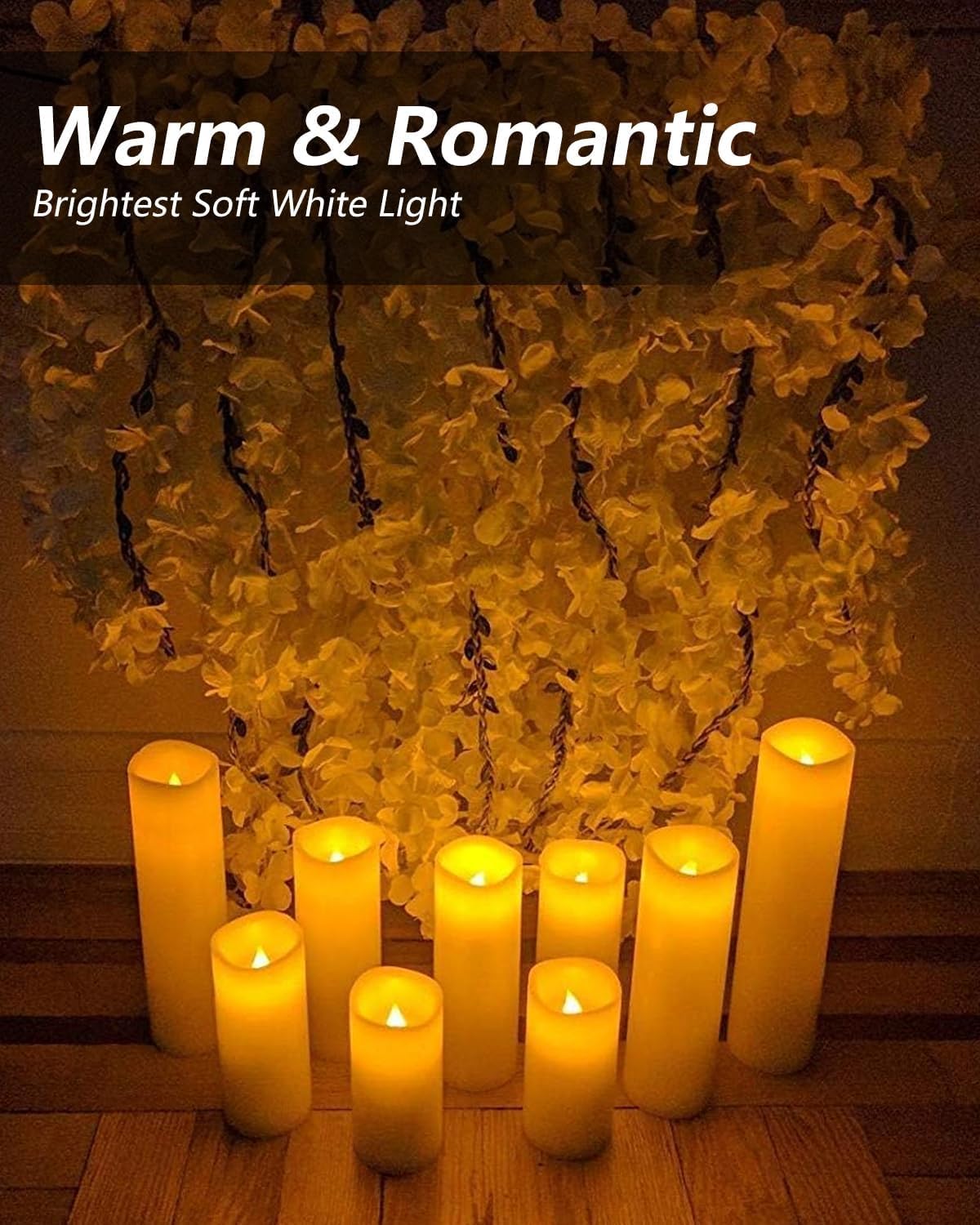 salipt Flameless Candles, LED Flickering Candles Set of 10 (H 4" 5" 6" 7" xD 2.2") Waterproof Candles, Resin Plastic, Indoor Outdoor Use,Ivory