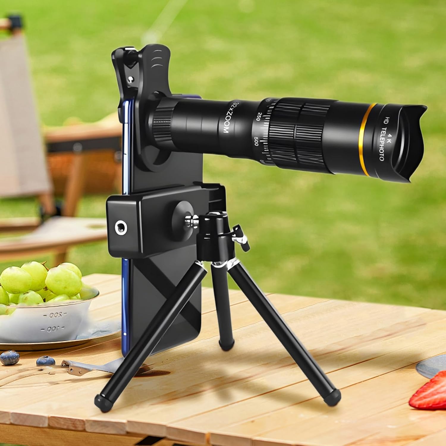 Phone Camera Lens Kit, 32X Long Focus Telephoto High Power HD Lens Wide Angle 0.63X Macro Fisheye 198° for Most Smartphones, Zoom Phone Camera Lens with E-Clip and Tripod for Picture Video Taking