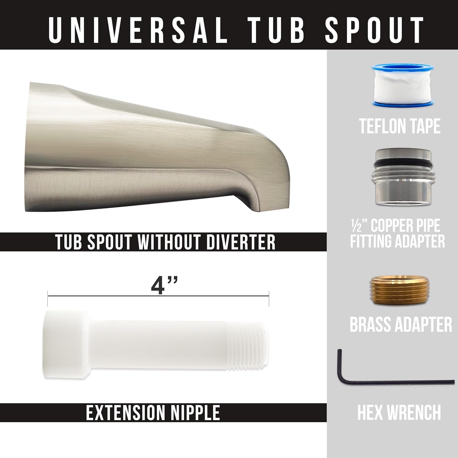 Westbrass CO531U-07 Universal Fit 5-1/4" Wall Mount Tub Spout and Tip-Toe Drain Trim Kit, Satin Nickel