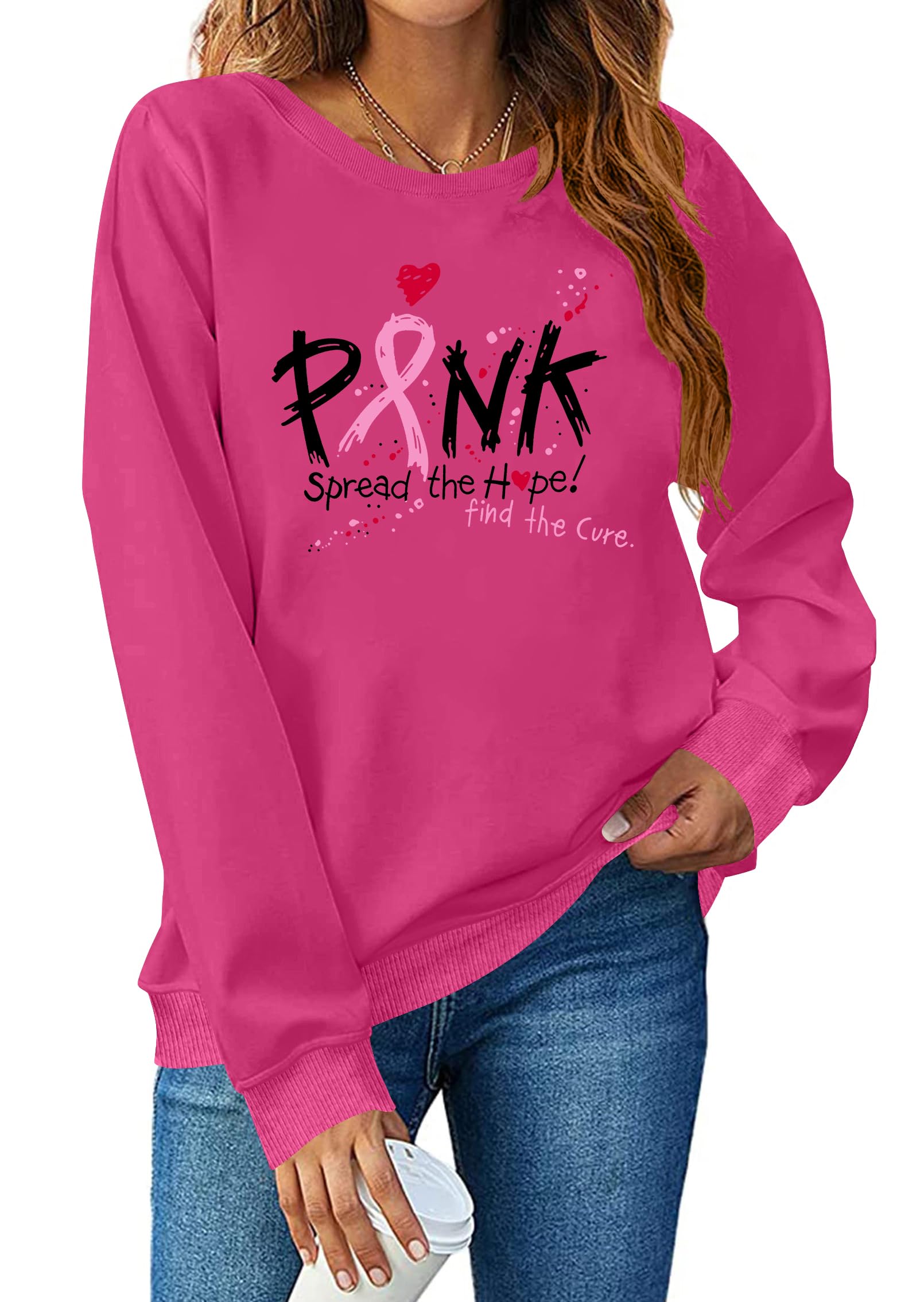 CAZYCHILD Breast Cancer Sweatshirt for Women Pink Ribbon Heart Graphic Shirt Cancer Awareness Gift Pullover