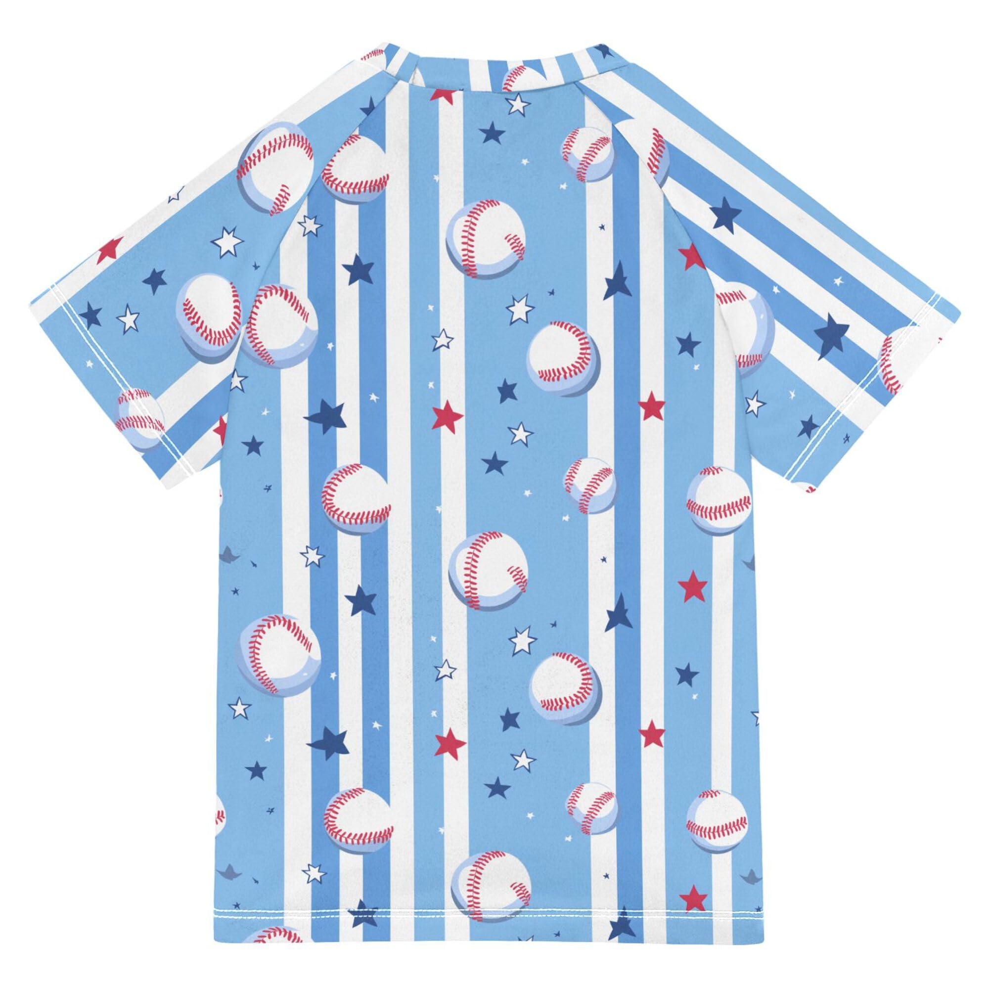 Blue Baseball Stripes Kids Bathing Suits Girls Sun Protection Rashguard Girls Swimwears Athletic Shirt for Big Boys 5-6T