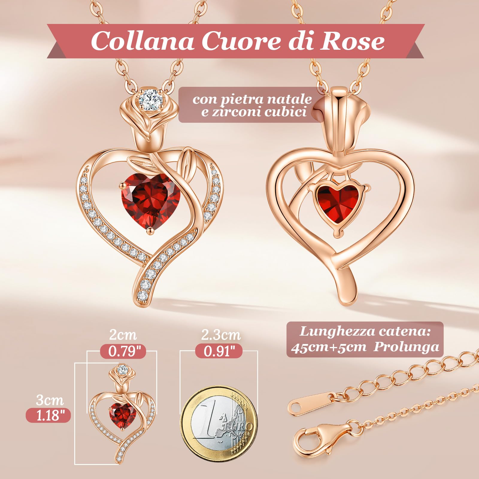 CDE Collana Oro Rosa Cuore Pendente Pietra di Nascita Gioielli per Lei | Argento S925 Gioielli Idee Regalo Donna Compleanno Natale Anniversario San Valentino per Fidanzata Amica Moglie Mamma