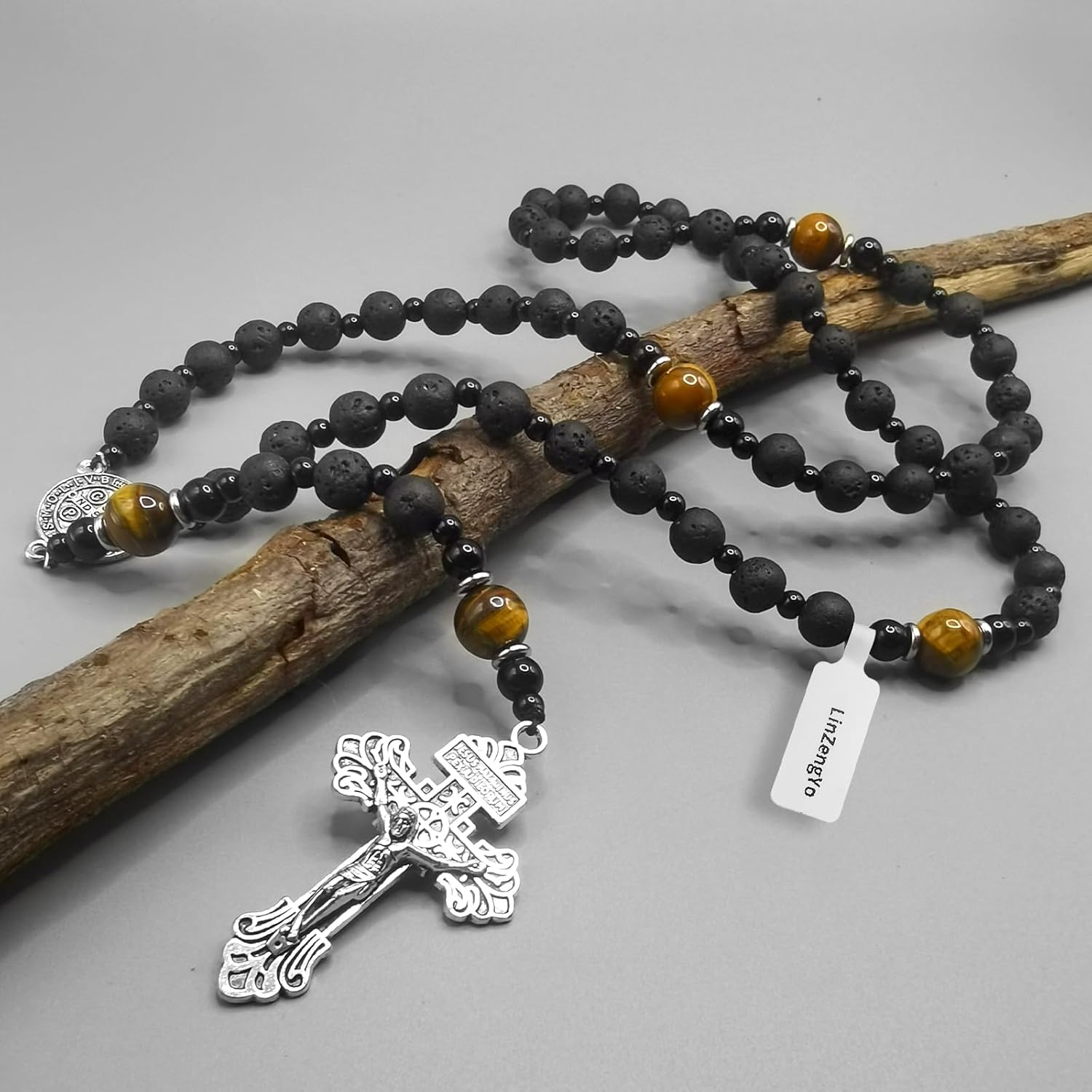 Volcanic stone rosary beads catholic for men,Rosary Necklace for men with medal & cross,Handmade black stone Beads St.Benedict Rosary Cross Necklace Catholic Gifts - Image 5