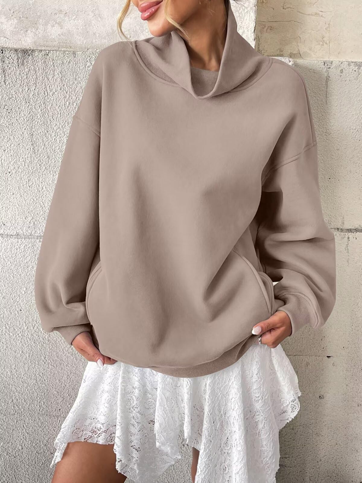 Tomwell Damen Fleece Sweatshirts mit Taschen Oversized Rollkragenpullover